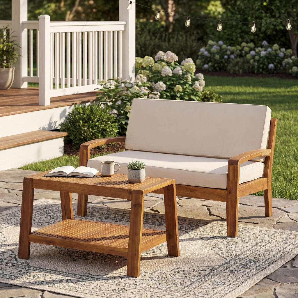 Merax Outdoor Acacia Wood Conversation Set - Patio Loveseat Sofa w/Coushion & Adjastable Feet and Coffee Table with Shelf for Backyard, Lawn, Balcony, Poolside Beige+Teak Finish
