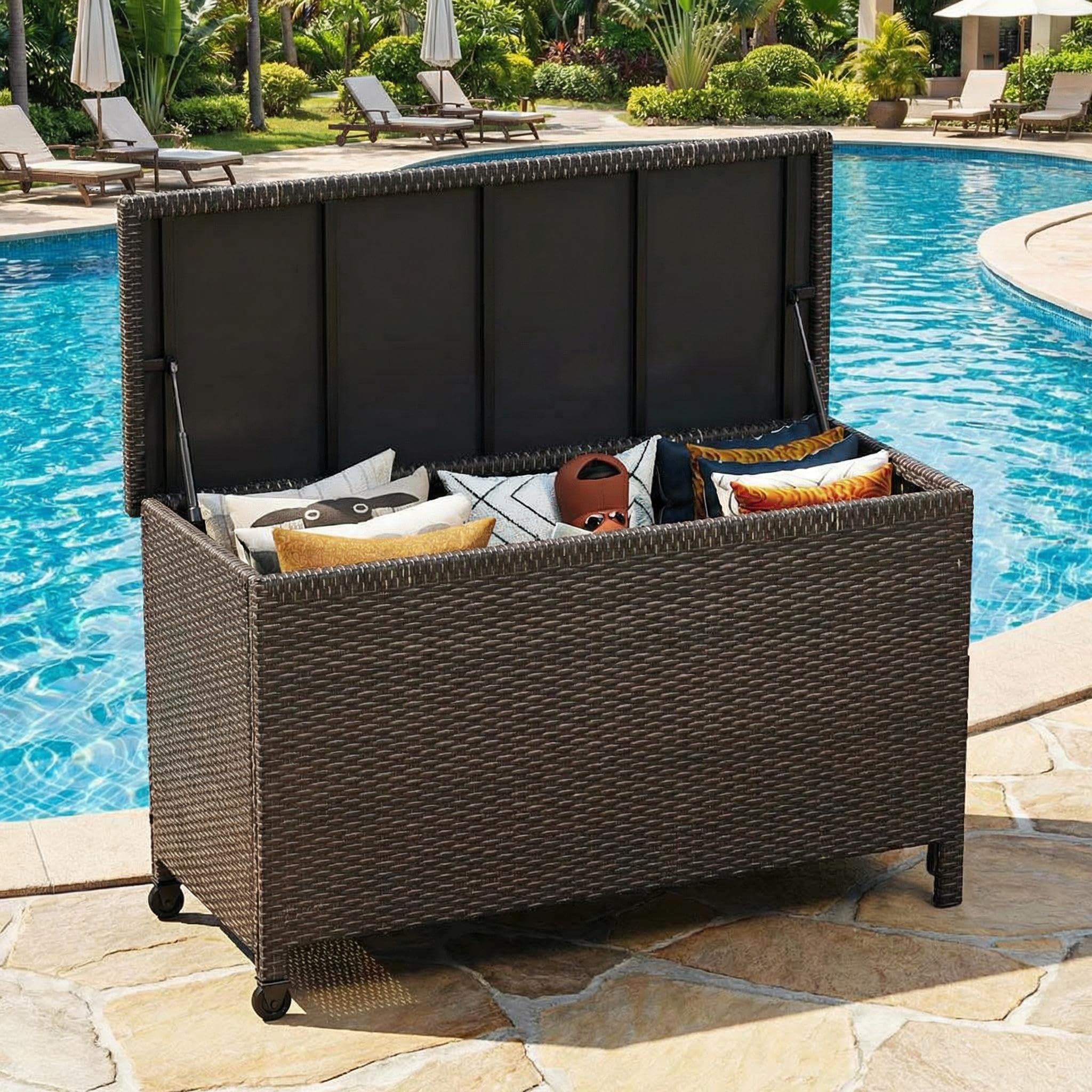 75 Gallon Outdoor Storage Bench, All-Weather PE Rattan Deck Box with Seat, Wicker Patio Furniture for Cushions, Garden Tools, Pool Accessories, Water-Resistant (Yellow Wicker & Beige Cushions)