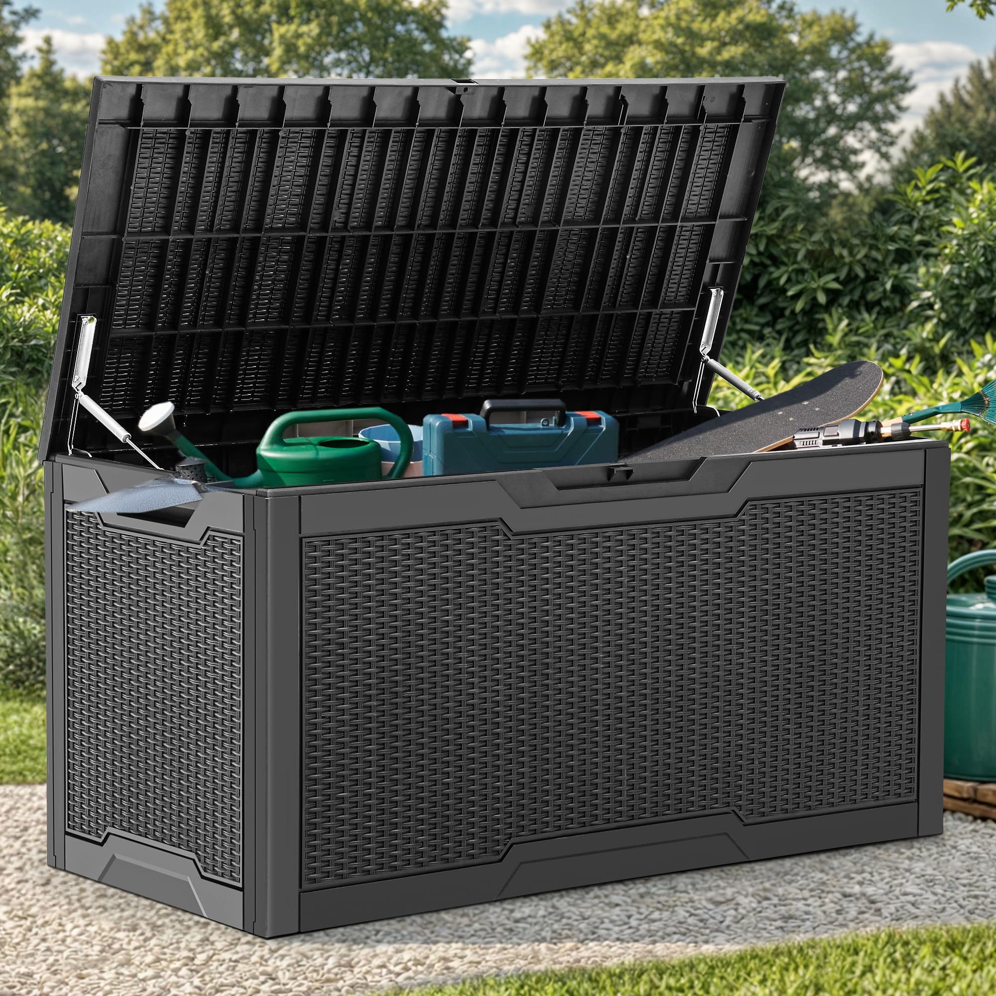 YITAHOME 70 Gallon Deck Bench with Storage, Outdoor Storage Box Bench with Armrests for Patio Garden Pool Porch, Waterproof&Lockable, Light Brown