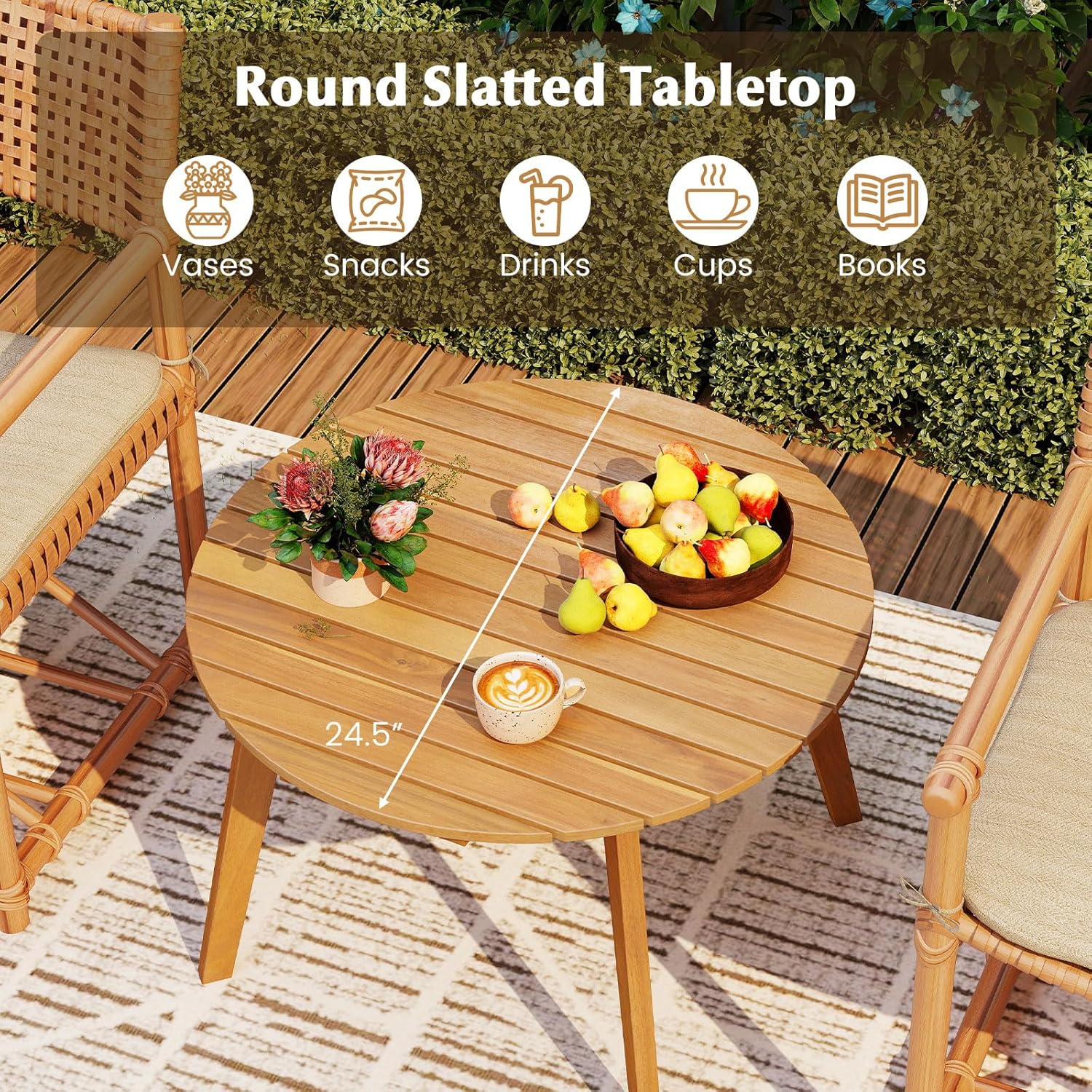 Tangkula Outdoor Side Table, 24.5 Inch Acacia Wood Round Accent Bistro Patio Table with Slatted Tabletop, for Backyard, Balcony, Poolside, Garden (1)