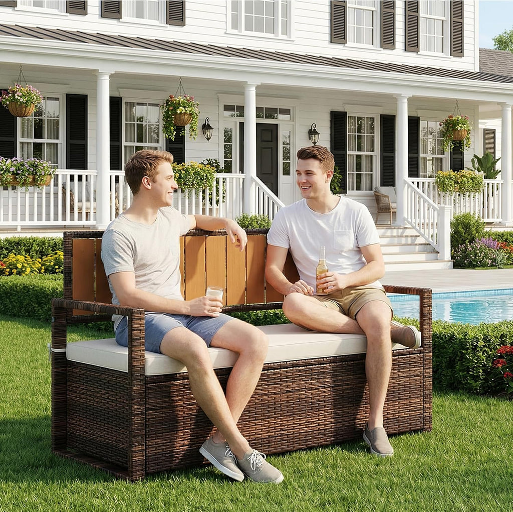 2-Seater Wicker Patio Bench with Backrest & Armrests, Waterproof