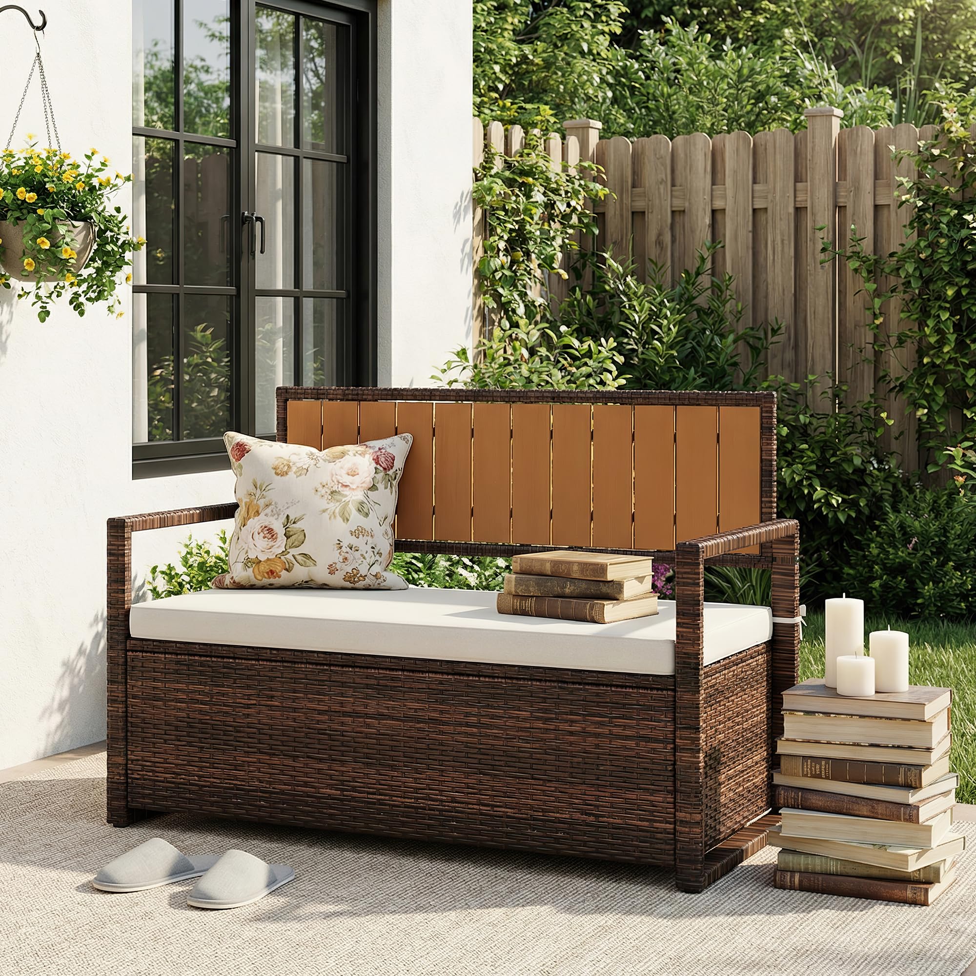 75 Gallon Rattan Deck Box Bench, Waterproof Cushion & Wood Armrests