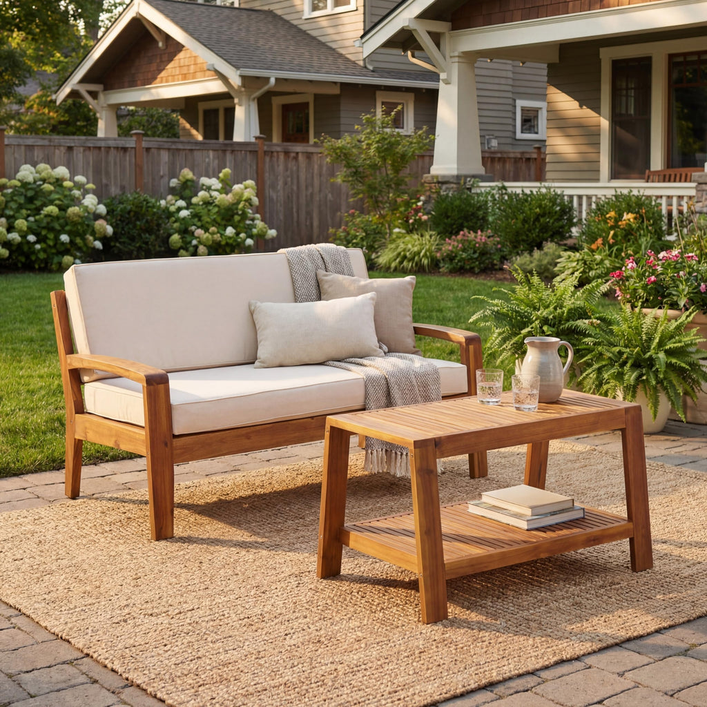 Merax Outdoor Acacia Wood Conversation Set - Patio Loveseat Sofa w/Coushion & Adjastable Feet and Coffee Table with Shelf for Backyard, Lawn, Balcony, Poolside Beige+Teak Finish