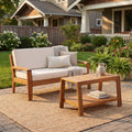 Merax Outdoor Acacia Wood Conversation Set - Patio Loveseat Sofa w/Coushion & Adjastable Feet and Coffee Table with Shelf for Backyard, Lawn, Balcony, Poolside Beige+Teak Finish
