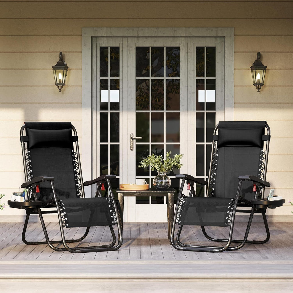 Yaheetech 26" Zero Gravity Recliners Outdoor Adjustable Folding Reclining Lounge Chairs w/Pillows, Cup Holder Trays and Carry Strap for Patio Backyard Beach New Black Set of 2