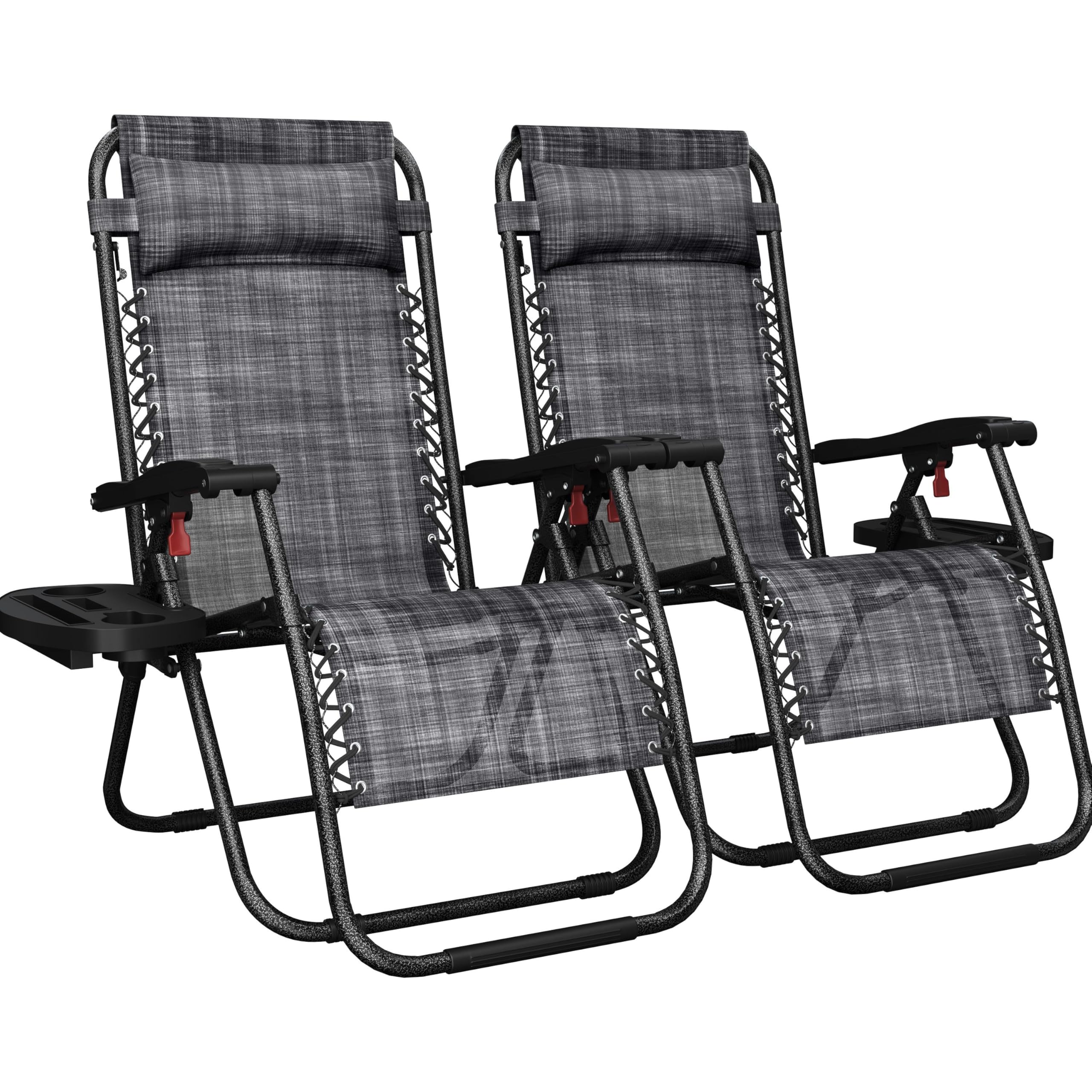 Yaheetech 26" Zero Gravity Recliners Outdoor Adjustable Folding Reclining Lounge Chairs w/Pillows, Cup Holder Trays and Carry Strap for Patio Backyard Beach New Black Set of 2