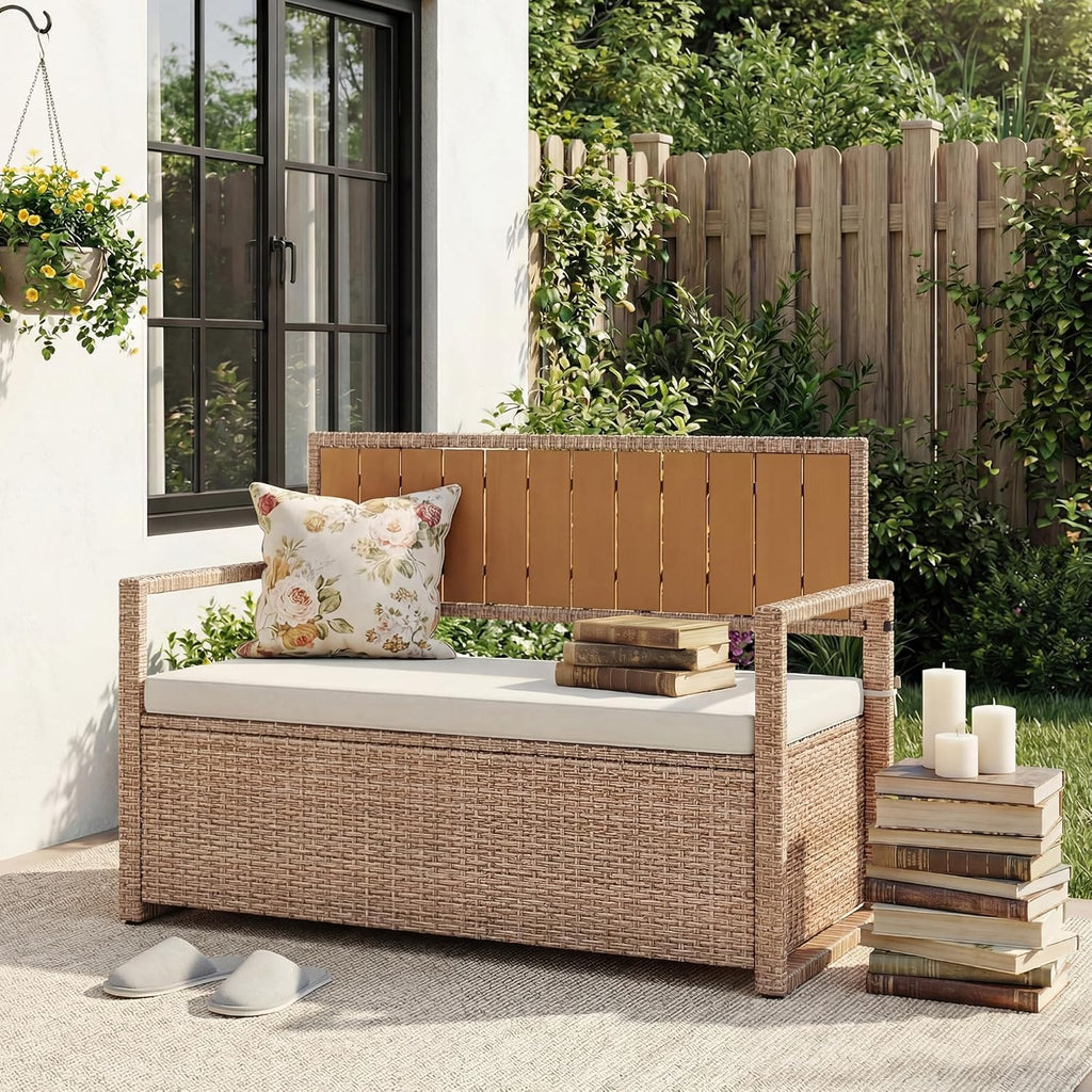 75 Gallon Rattan Deck Box Bench, Waterproof Cushion & Wood Armrests
