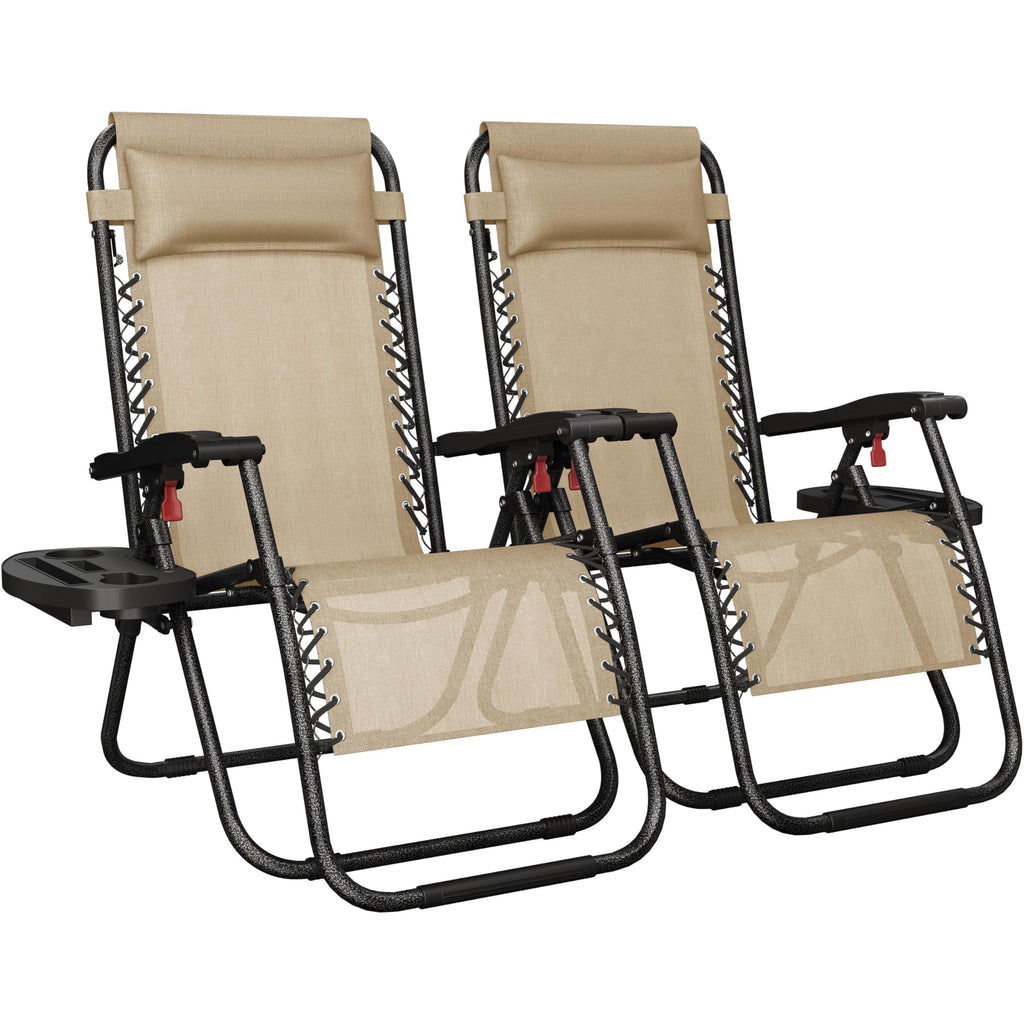 Yaheetech 26" Zero Gravity Recliners Outdoor Adjustable Folding Reclining Lounge Chairs w/Pillows, Cup Holder Trays and Carry Strap for Patio Backyard Beach New Black Set of 2