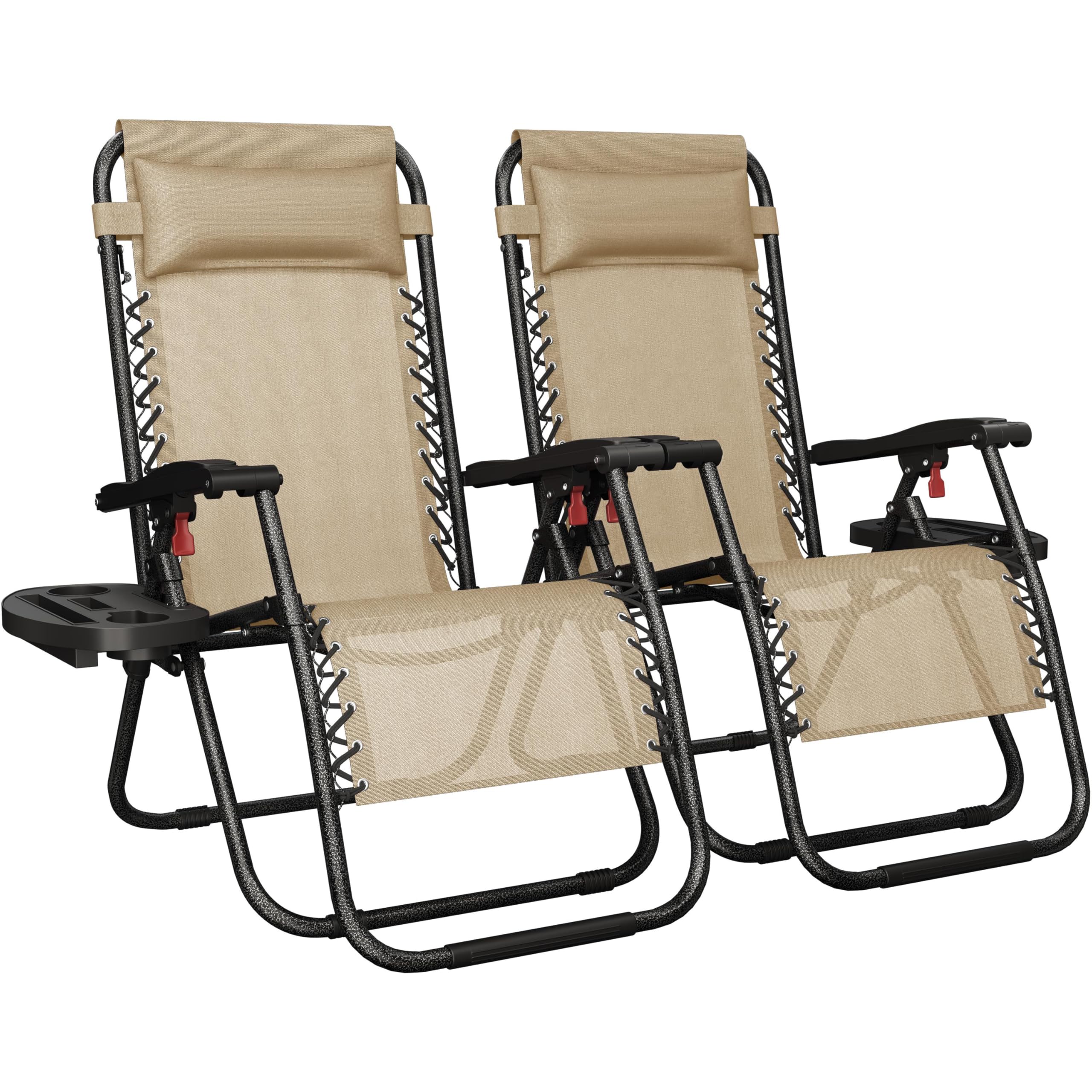 Yaheetech 26" Zero Gravity Recliners Outdoor Adjustable Folding Reclining Lounge Chairs w/Pillows, Cup Holder Trays and Carry Strap for Patio Backyard Beach New Black Set of 2