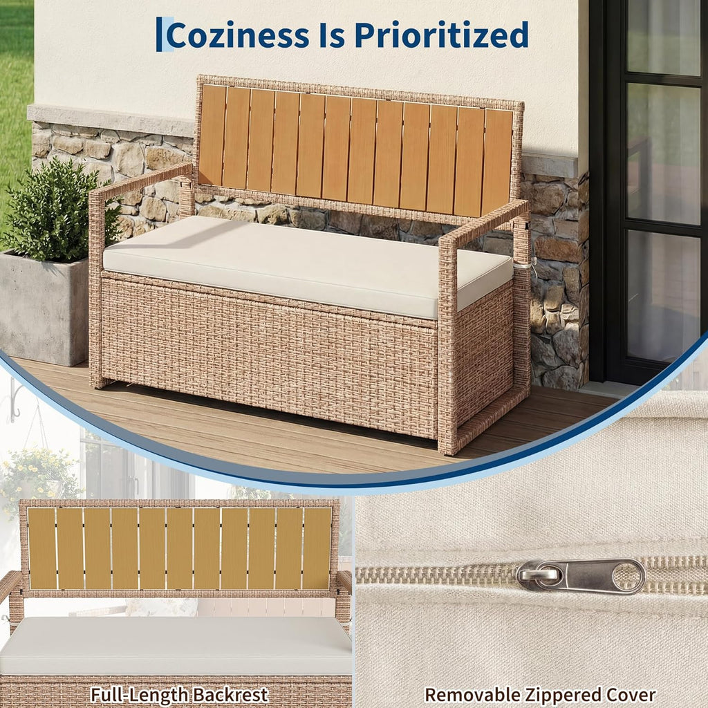 75 Gallon Rattan Deck Box Bench, Waterproof Cushion & Wood Armrests