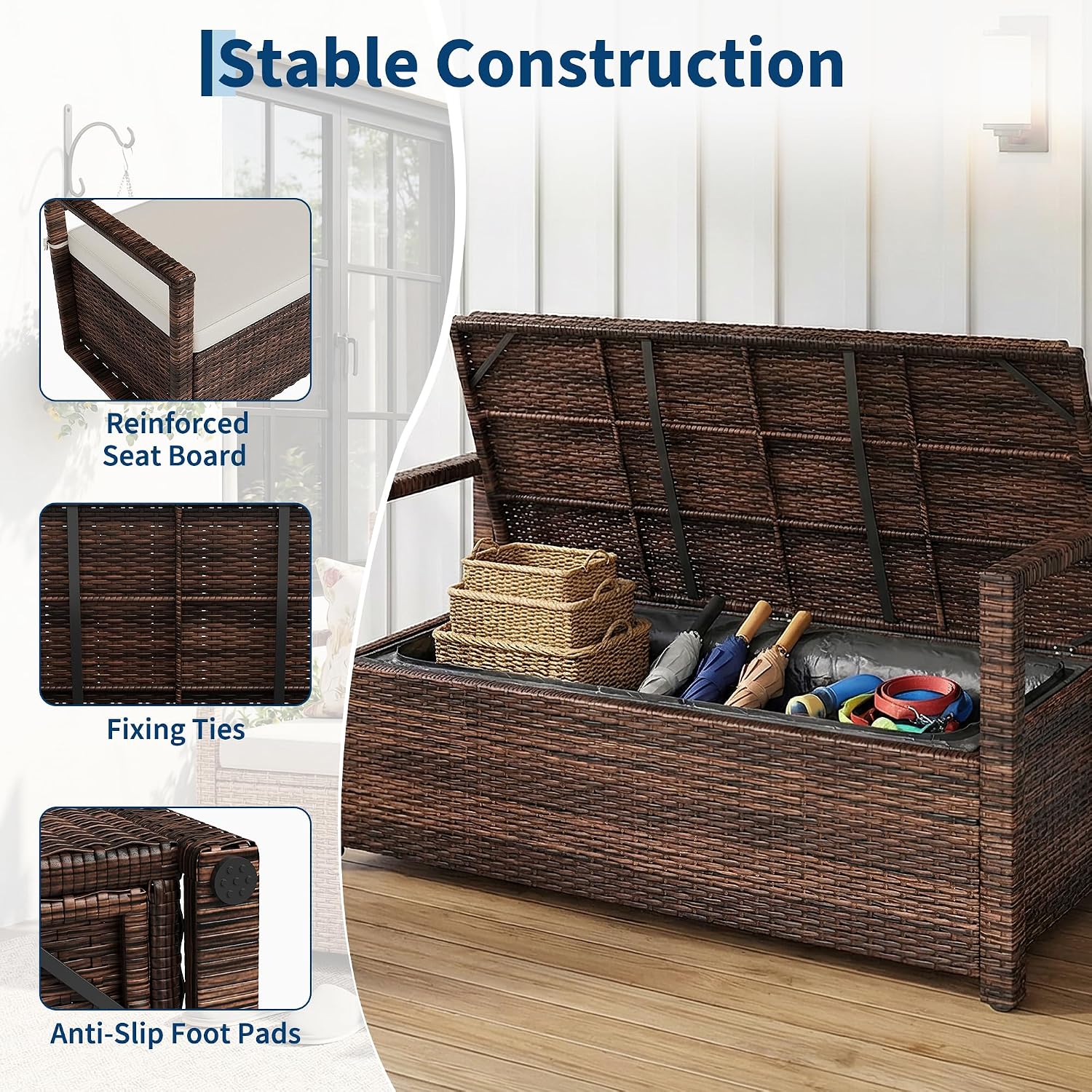 2-Seater Wicker Patio Bench with Backrest & Armrests, Waterproof