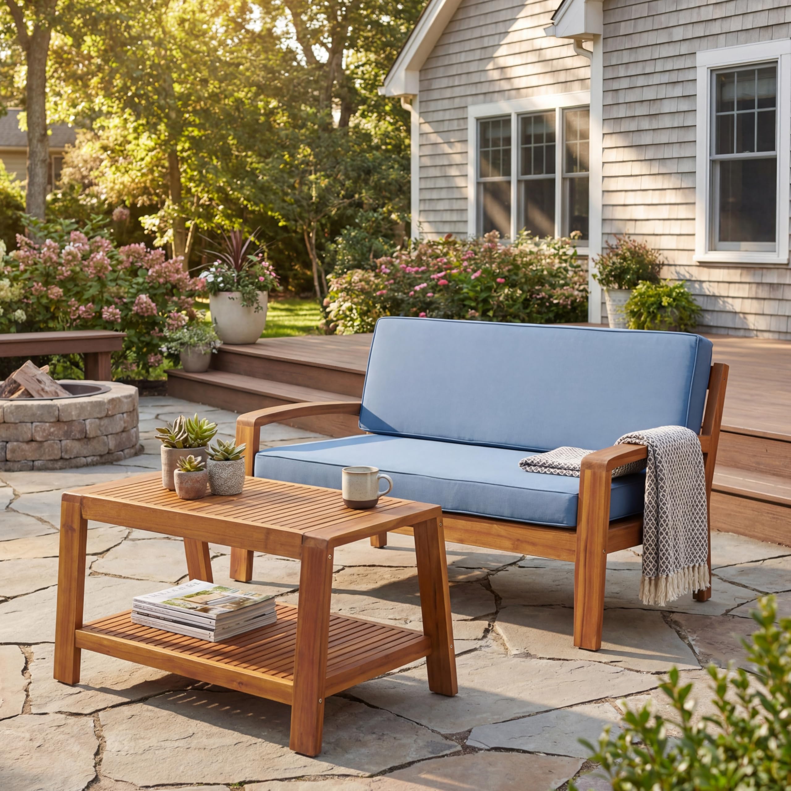 Merax Outdoor Acacia Wood Conversation Set - Patio Loveseat Sofa w/Coushion & Adjastable Feet and Coffee Table with Shelf for Backyard, Lawn, Balcony, Poolside Beige+Teak Finish