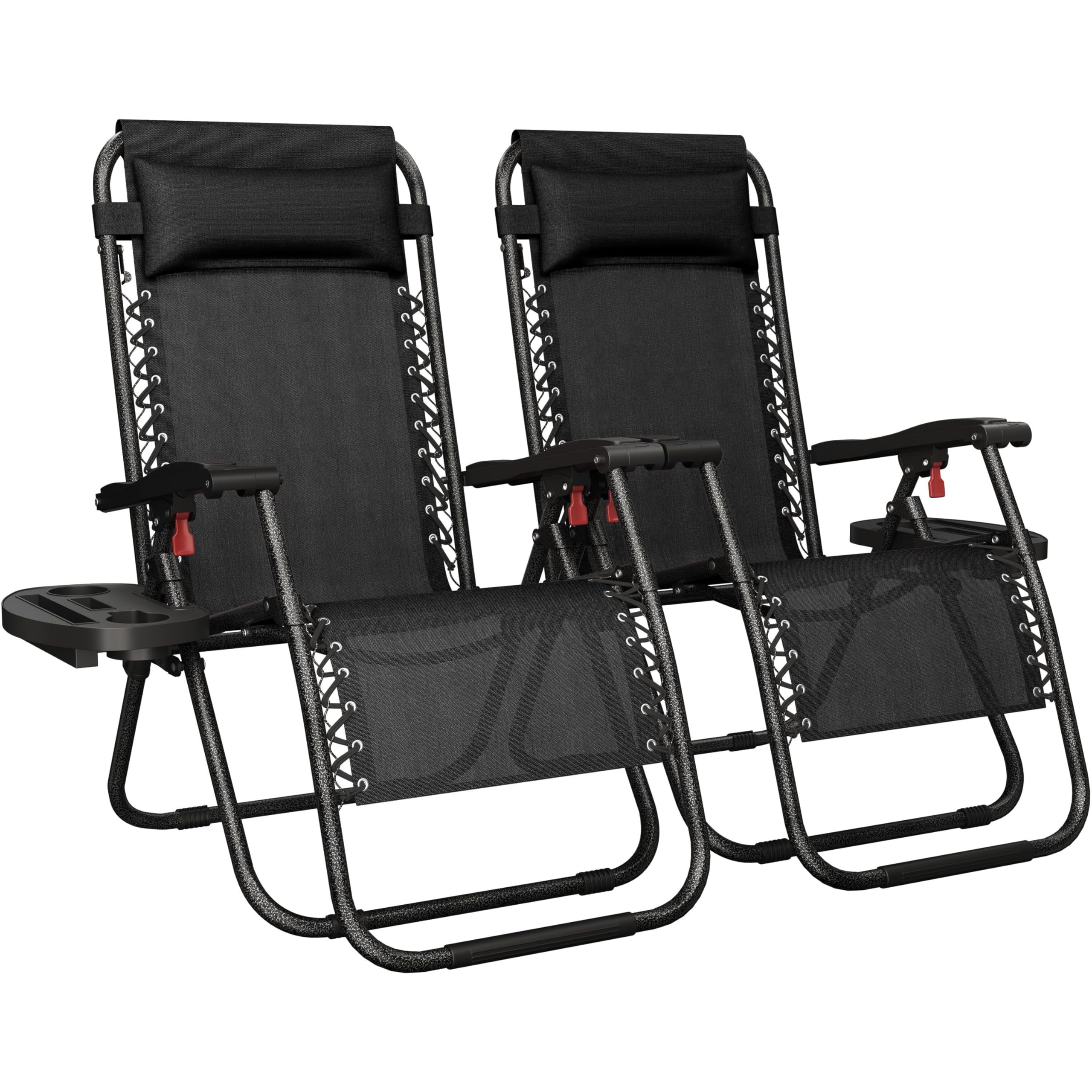 Yaheetech 26" Zero Gravity Recliners Outdoor Adjustable Folding Reclining Lounge Chairs w/Pillows, Cup Holder Trays and Carry Strap for Patio Backyard Beach New Black Set of 2