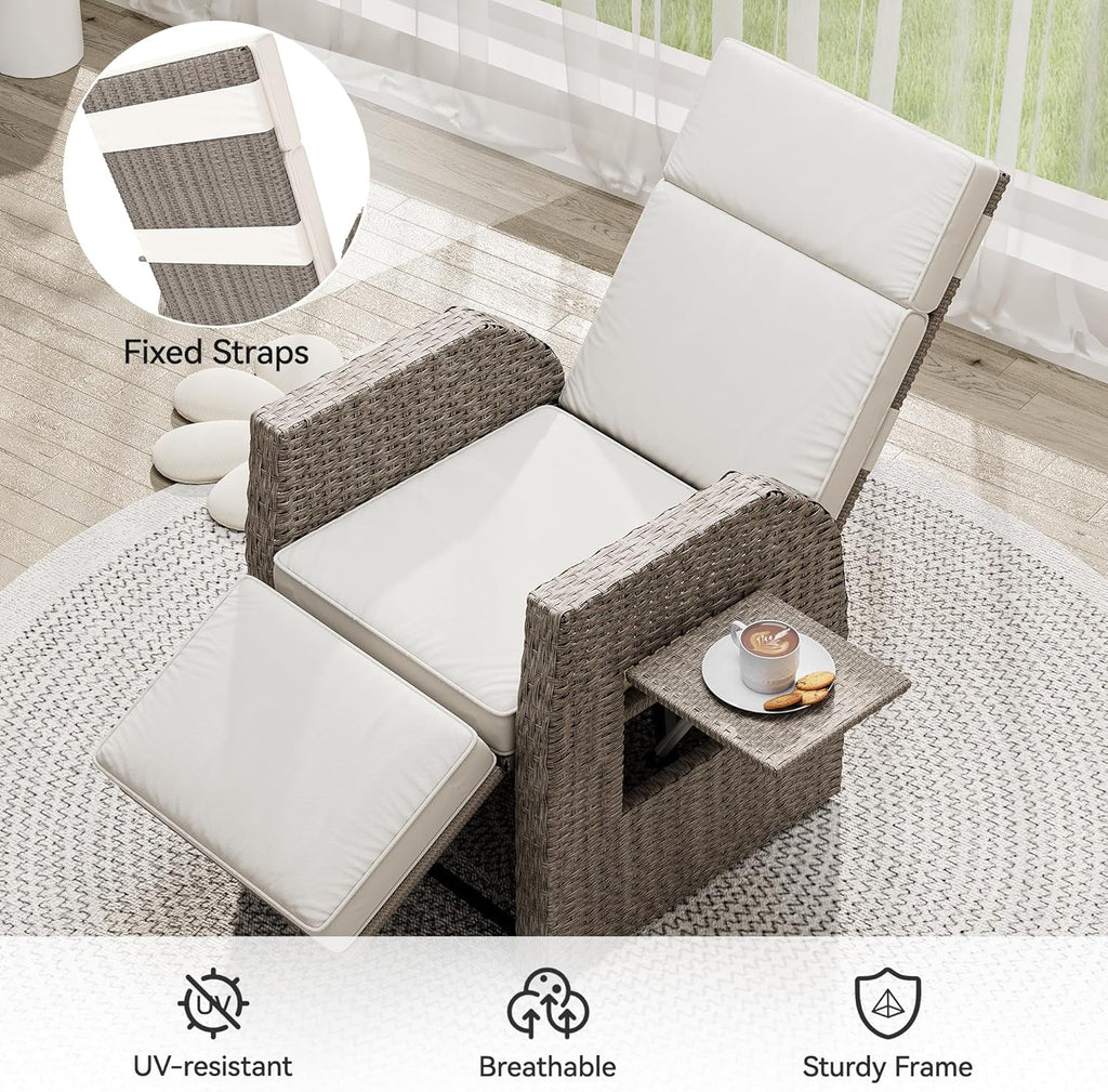YITAHOME Outdoor Recliner Chair, Wicker Recliner Chair w/150° Reclining, Adjustable Footrest, Flip Table, Reclining Lounge Chair with 2.8" Thick Cushions for Deck Backyard Pool Side, Beige