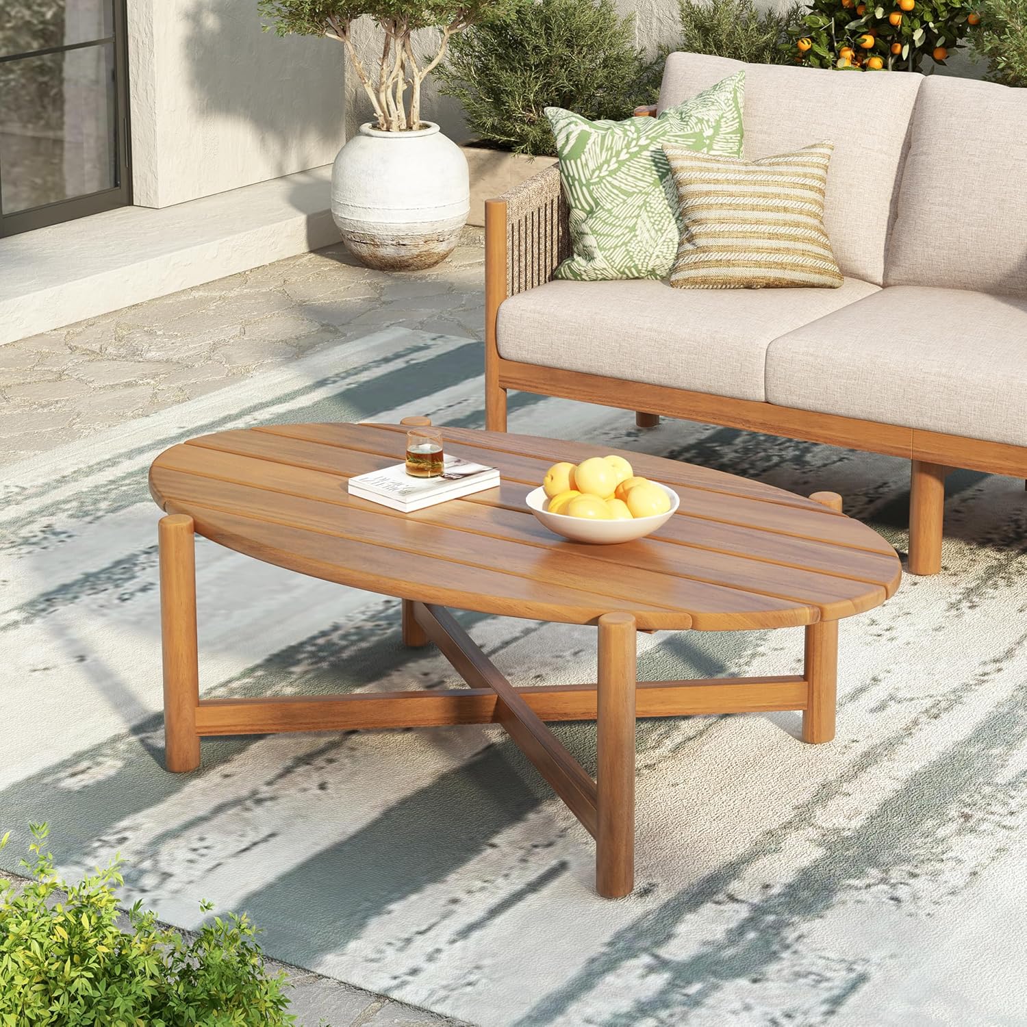 Teak Solid Wood Outdoor Table with Slat Top for Patio
