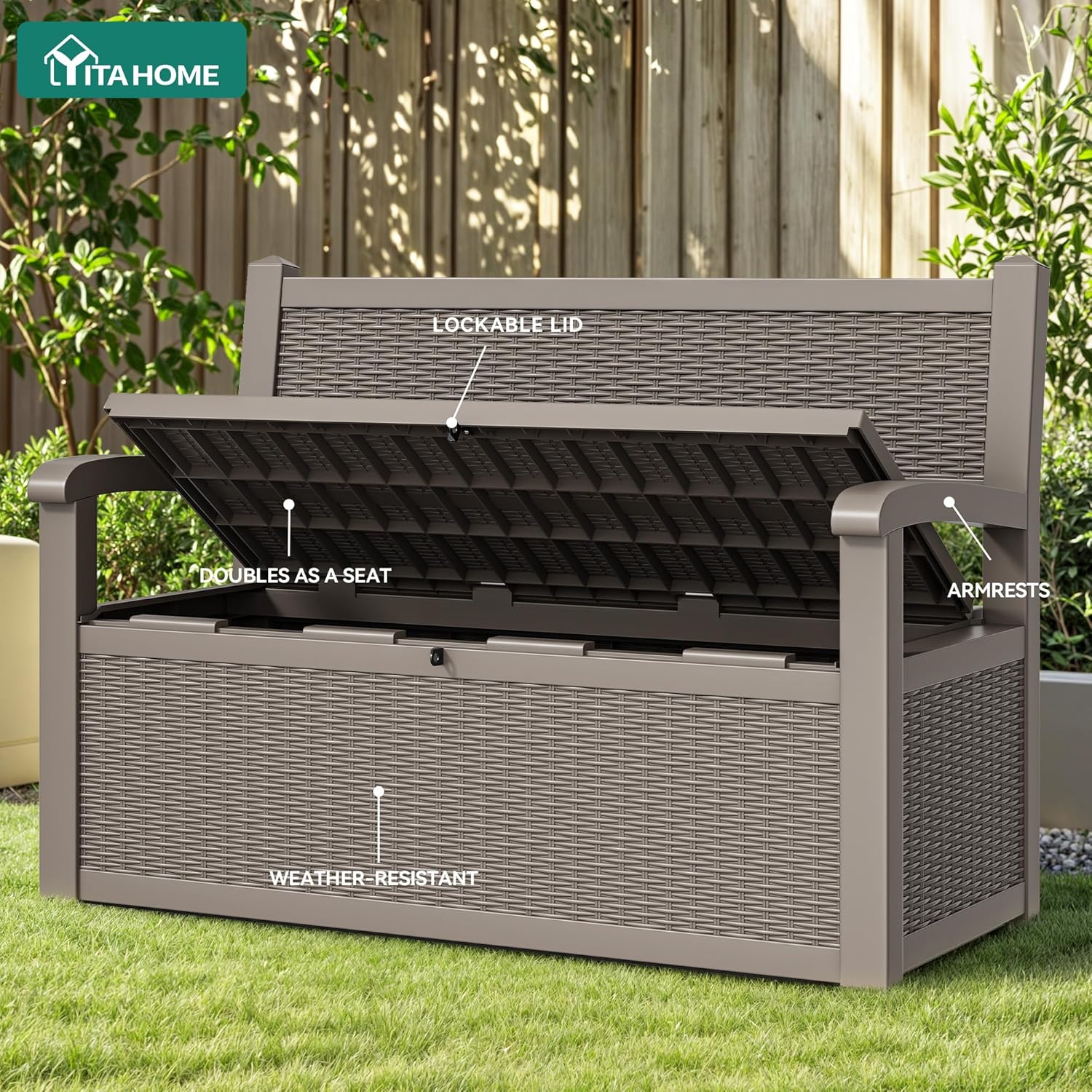 YITAHOME 70 Gallon Deck Bench with Storage, Outdoor Storage Box Bench with Armrests for Patio Garden Pool Porch, Waterproof&Lockable, Light Brown