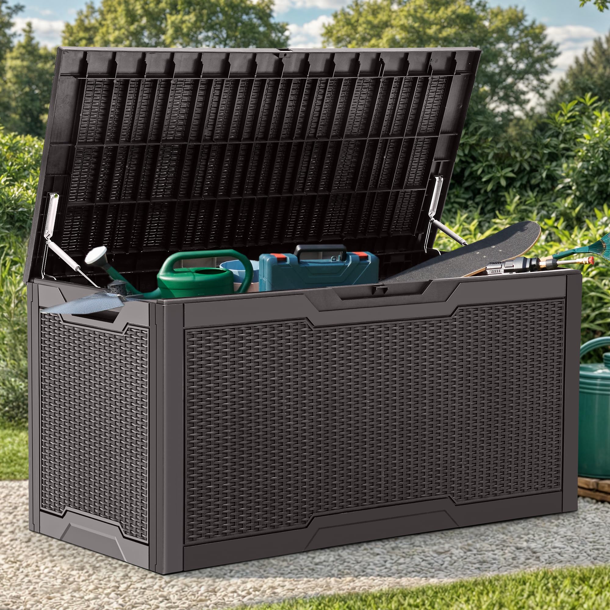 YITAHOME 70 Gallon Deck Bench with Storage, Outdoor Storage Box Bench with Armrests for Patio Garden Pool Porch, Waterproof&Lockable, Light Brown