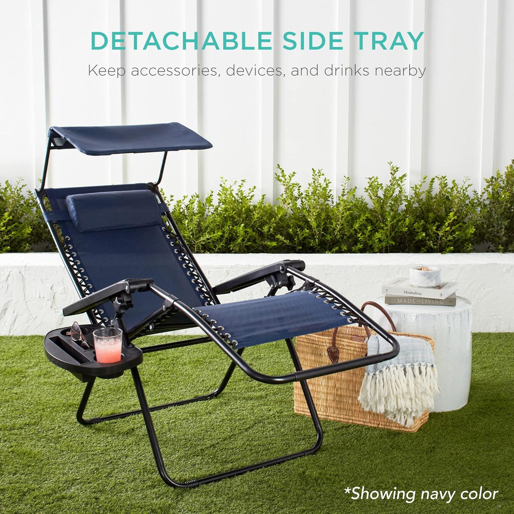 Best Choice Products Folding Zero Gravity Outdoor Recliner Patio Lounge Chair w/Adjustable Canopy Shade, Headrest, Side Accessory Tray, Textilene Mesh - Sage Green