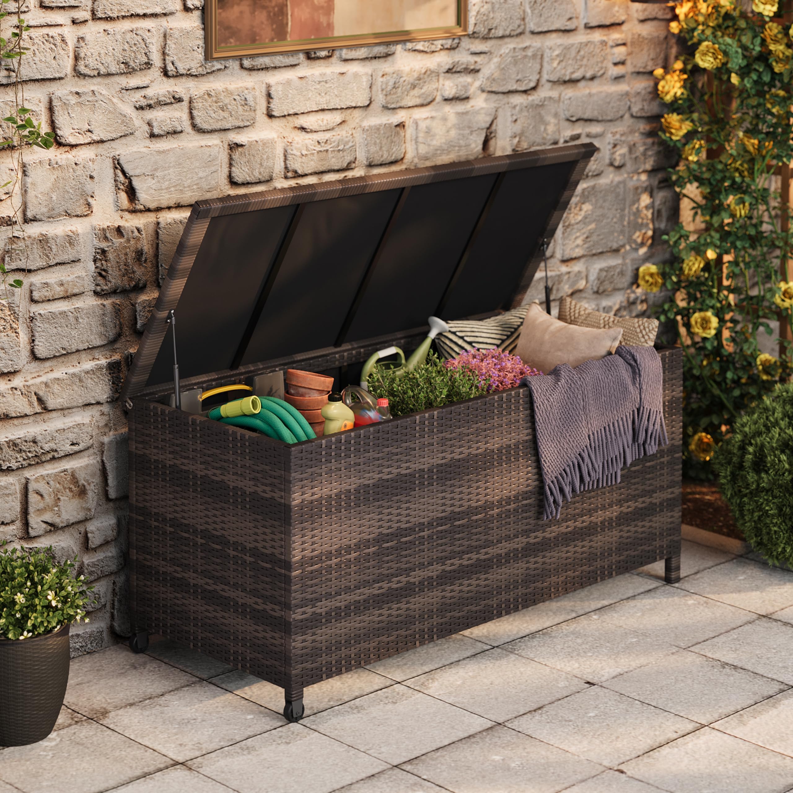 2-Seater Wicker Patio Bench with Backrest & Armrests, Waterproof