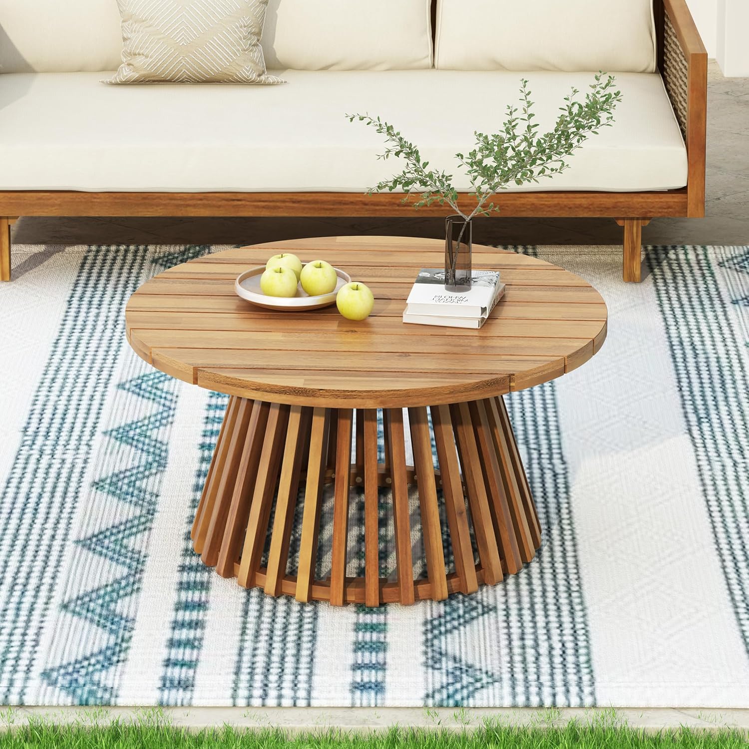 Merax Patio Outdoor Acacia Wood Round Coffee Table for Backyard, Lawn, Balcony, Teak Finish