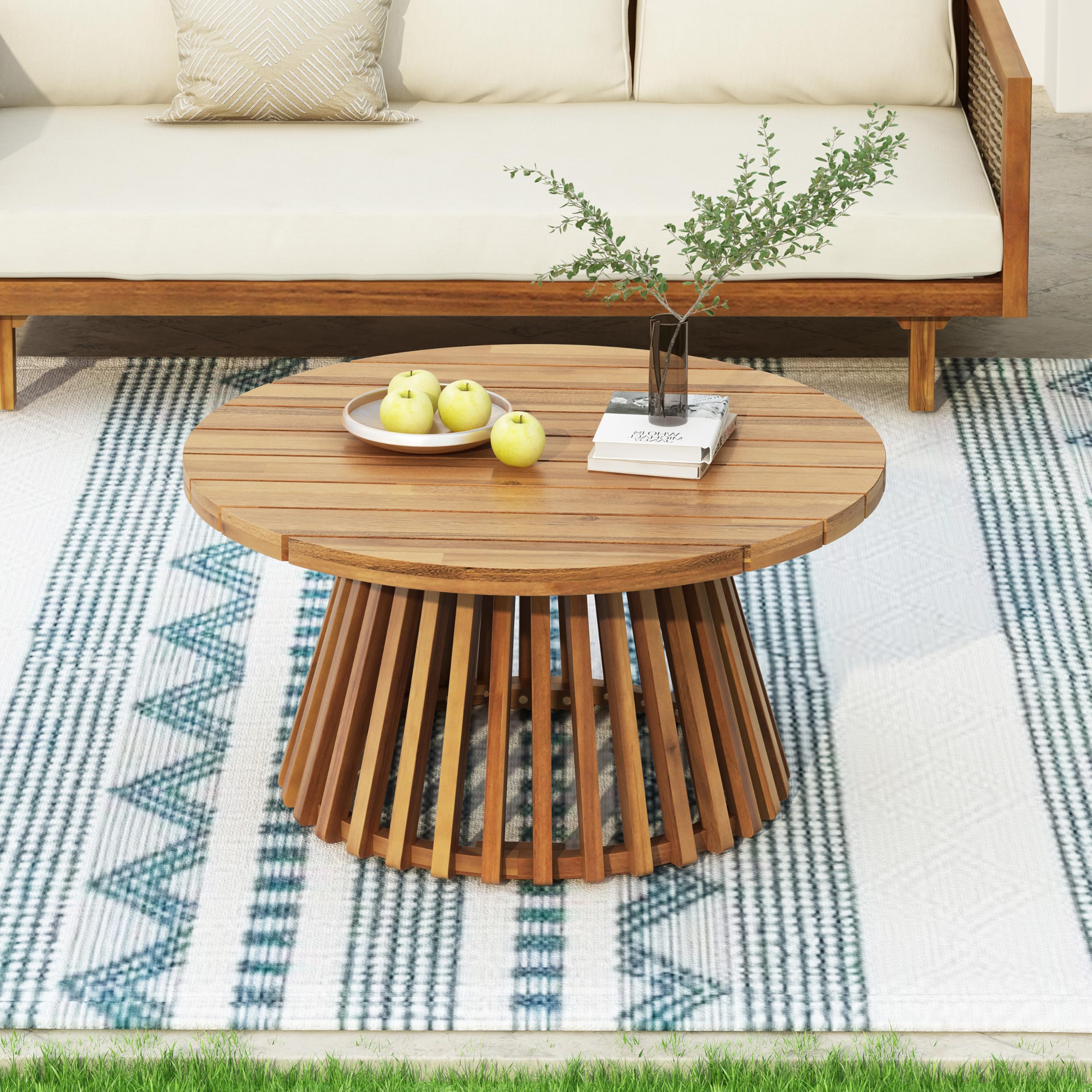 Merax Patio Outdoor Acacia Wood Round Coffee Table for Backyard, Lawn, Balcony, Teak Finish