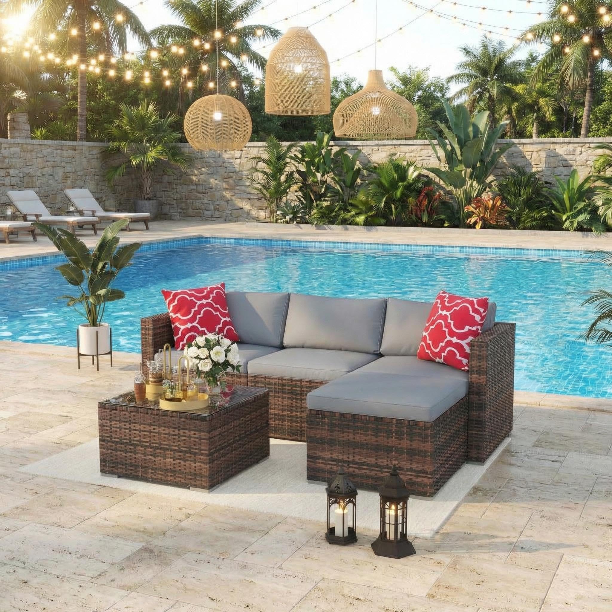 Outdoor Storage Bench with Cushion, Hand-Woven Yellow Wicker Deck Box with Backrest, Large Capacity Patio Storage Seat, Waterproof All-Weather Rattan Bench for Garden, Porch, Poolside