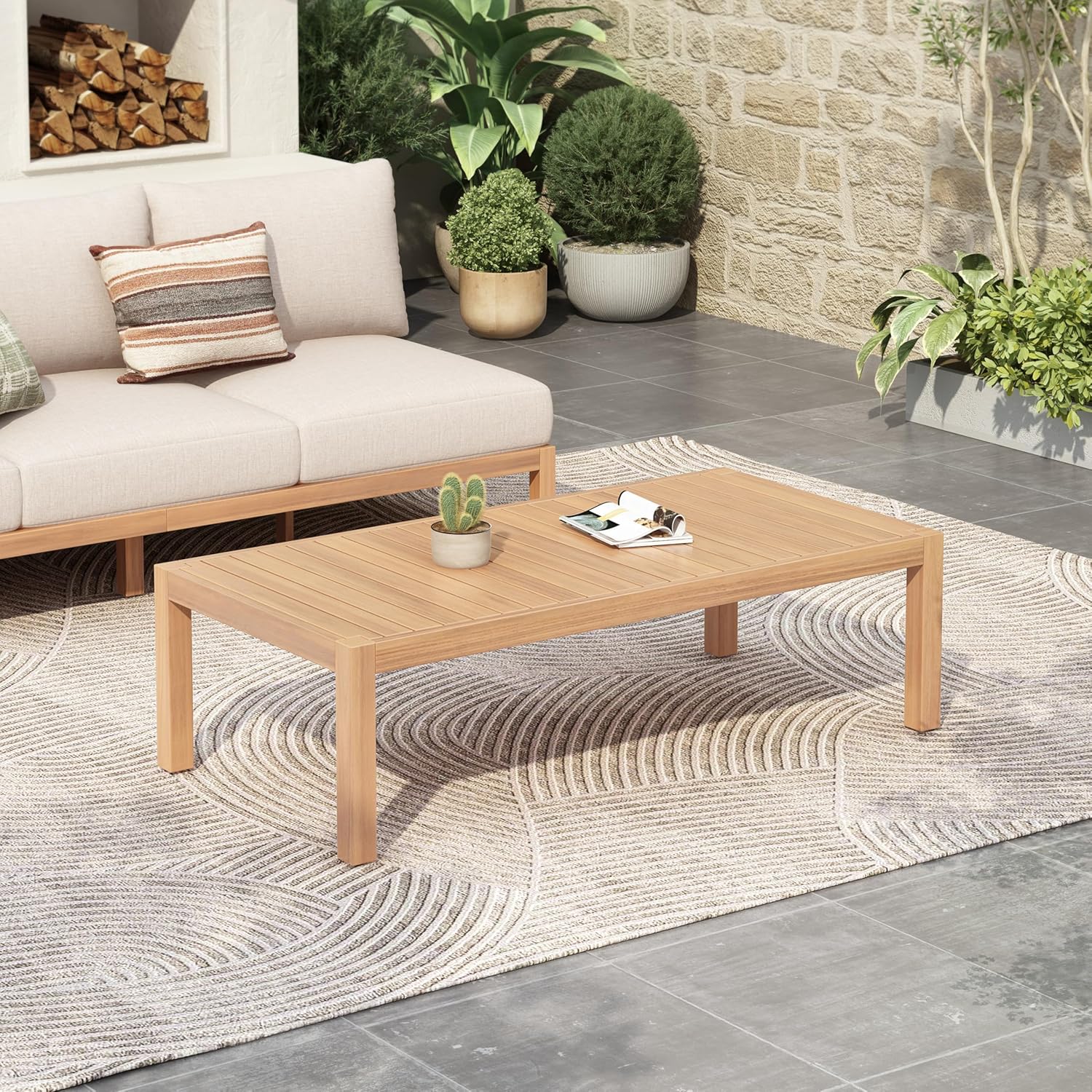 Knight Home Rectangular Acacia Wood Outdoor Coffee Table, Light Teak