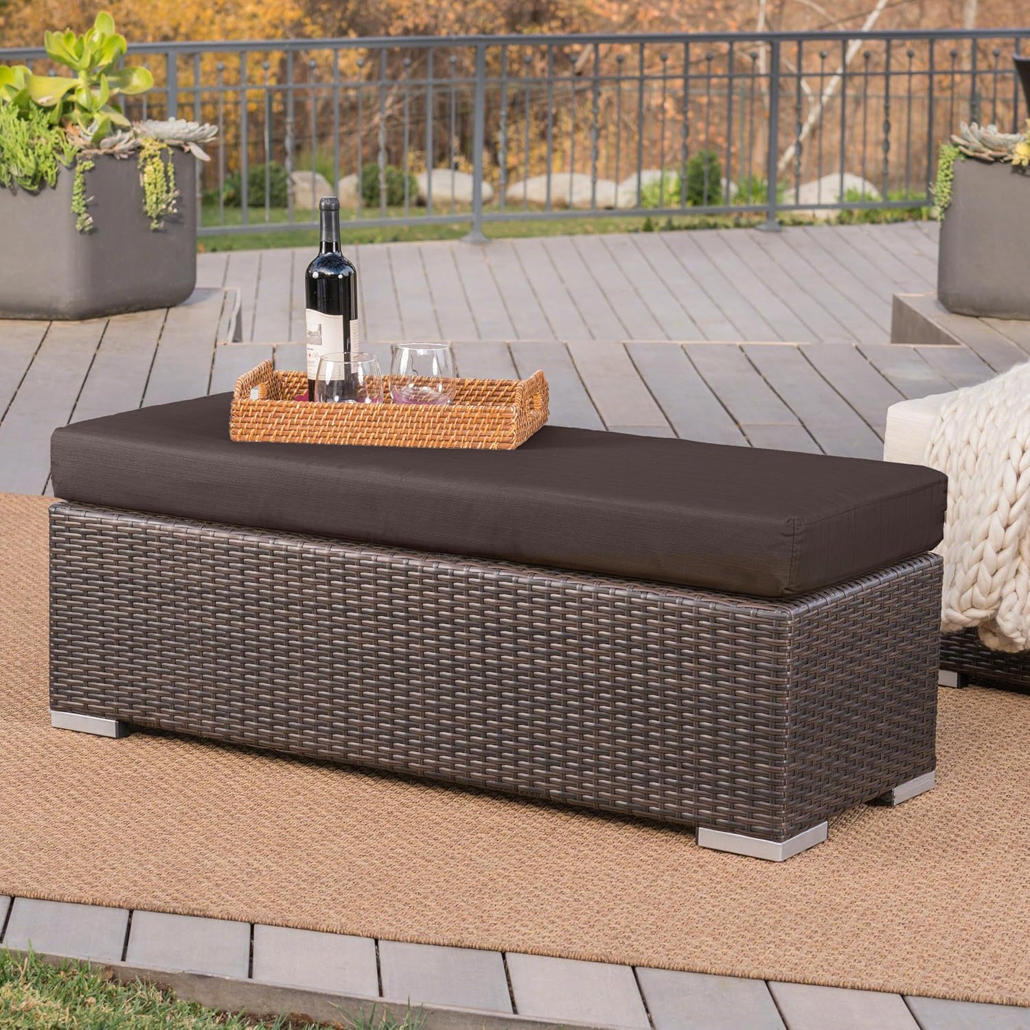 Brown Resin Wicker Outdoor Bench, Iron Frame with Removable Cushion
