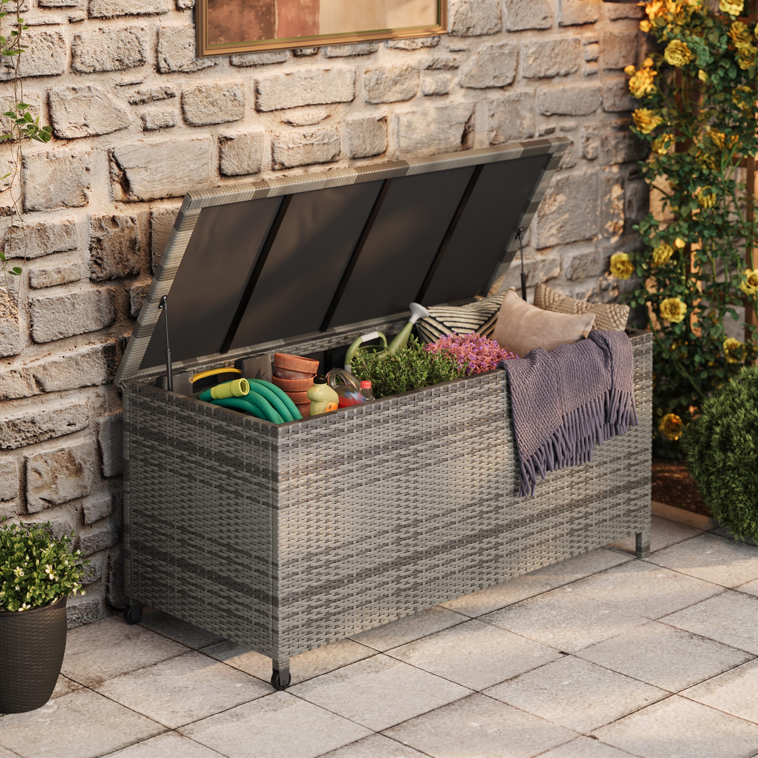 2-Seater Wicker Patio Bench with Backrest & Armrests, Waterproof