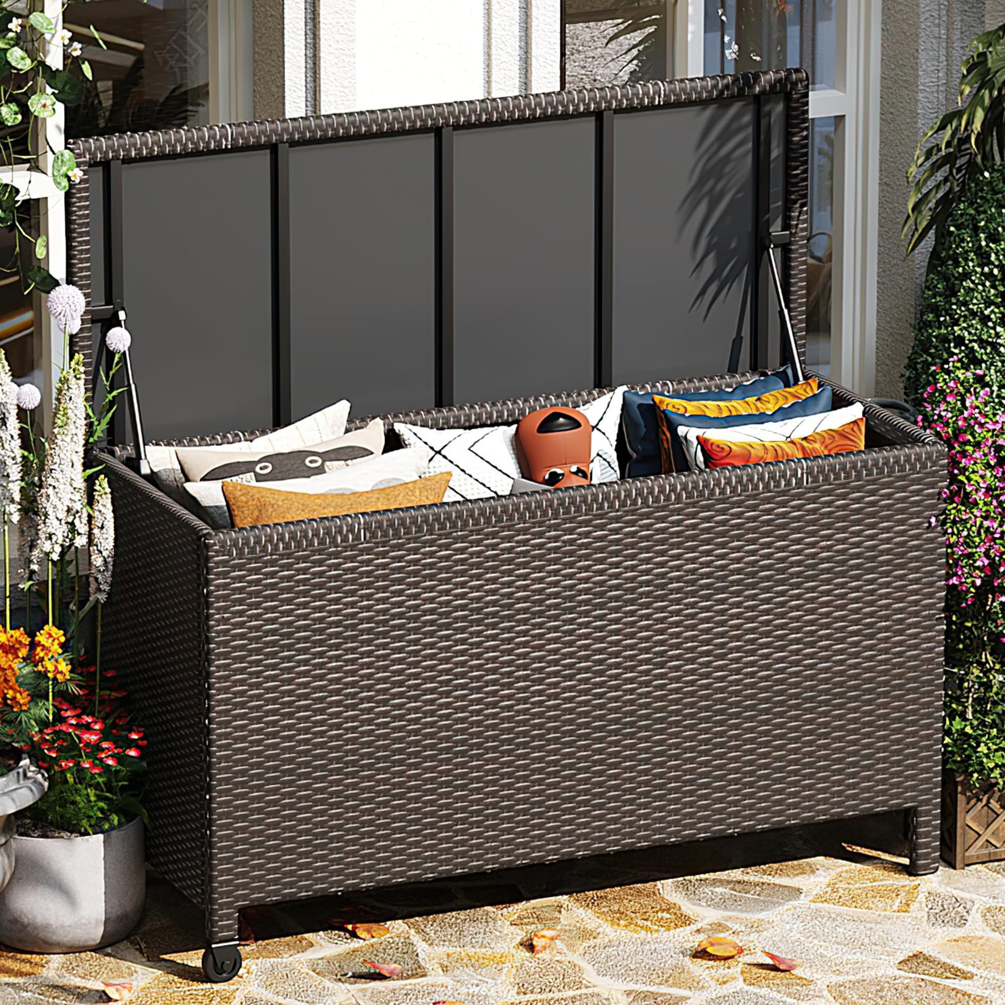 Outdoor Storage Bench with Cushion, 2-Seater PE Rattan Storage Box with Backrest & Armrests, 75 Gallon, 400 lbs Capacity Weatherproof Patio Bench for Garden, Balcony, Porch, Pool, Yard,Dark Brown