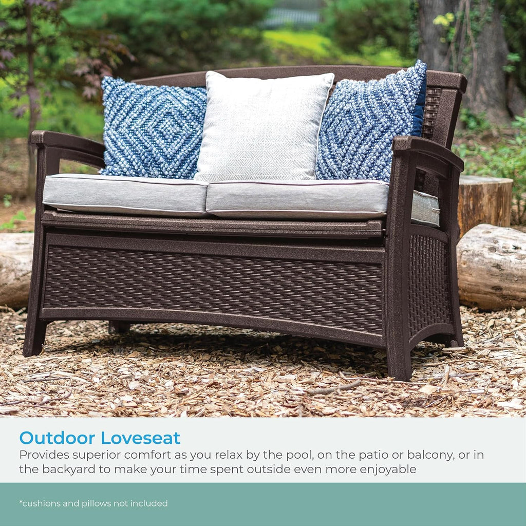 Suncast Outdoor Wicker Love Seat with 23-Gallon Storage, Comfortable Seating for Two, Ergonomic Back Support, All-Weather Furniture for Patio, Deck, and Garden, Java, Made in The USA
