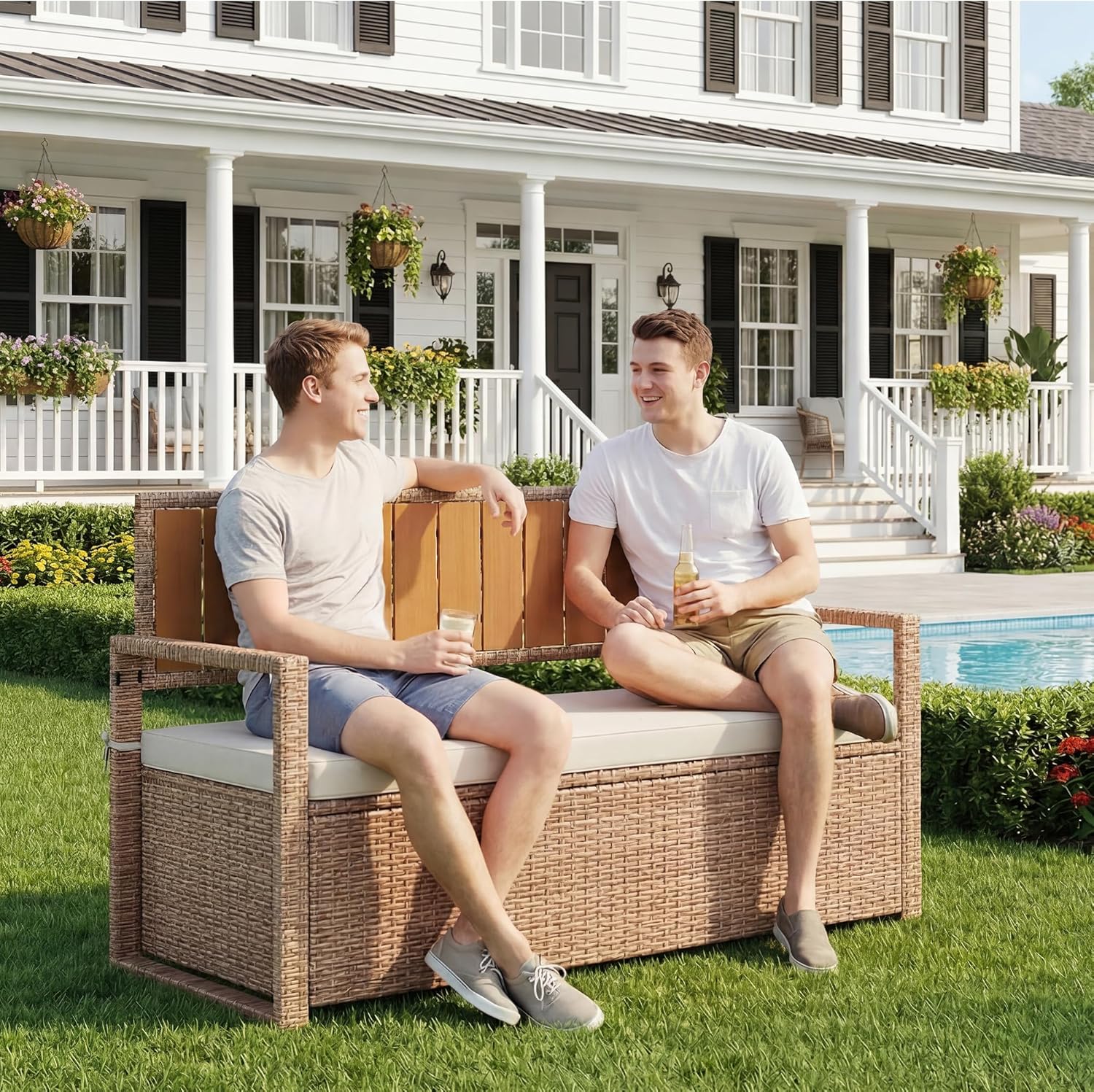 75 Gallon Outdoor Storage Bench, All-Weather PE Rattan Deck Box with Seat, Wicker Patio Furniture for Cushions, Garden Tools, Pool Accessories, Water-Resistant (Yellow Wicker & Beige Cushions)