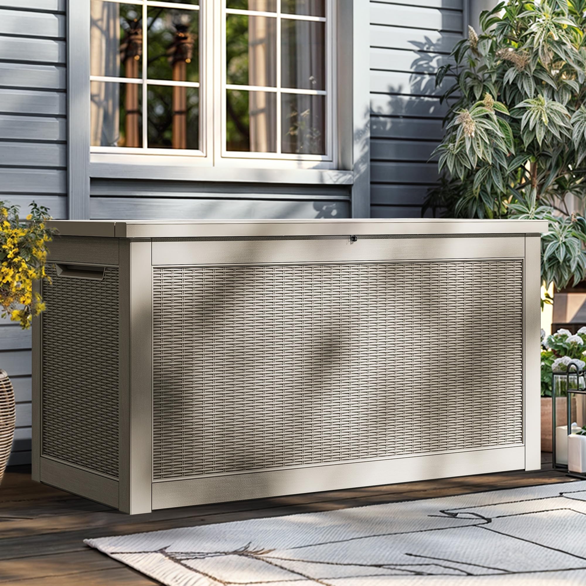 YITAHOME 70 Gallon Deck Bench with Storage, Outdoor Storage Box Bench with Armrests for Patio Garden Pool Porch, Waterproof&Lockable, Light Brown