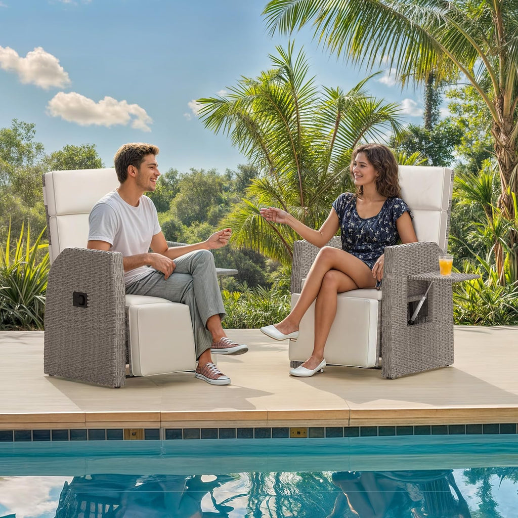 YITAHOME Outdoor Recliner Chair, Wicker Recliner Chair w/150° Reclining, Adjustable Footrest, Flip Table, Reclining Lounge Chair with 2.8" Thick Cushions for Deck Backyard Pool Side, Beige
