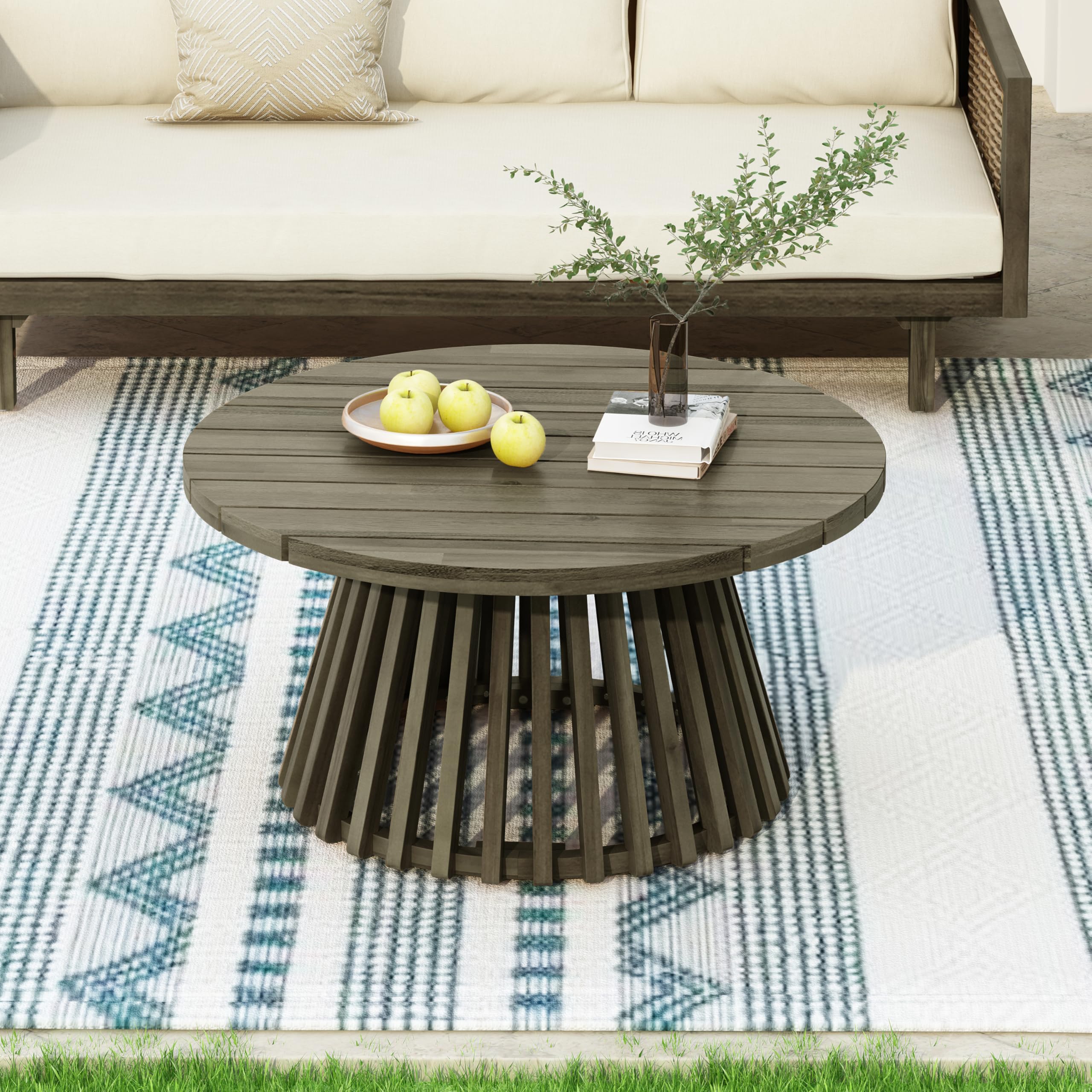 Merax Patio Outdoor Acacia Wood Round Coffee Table for Backyard, Lawn, Balcony, Teak Finish