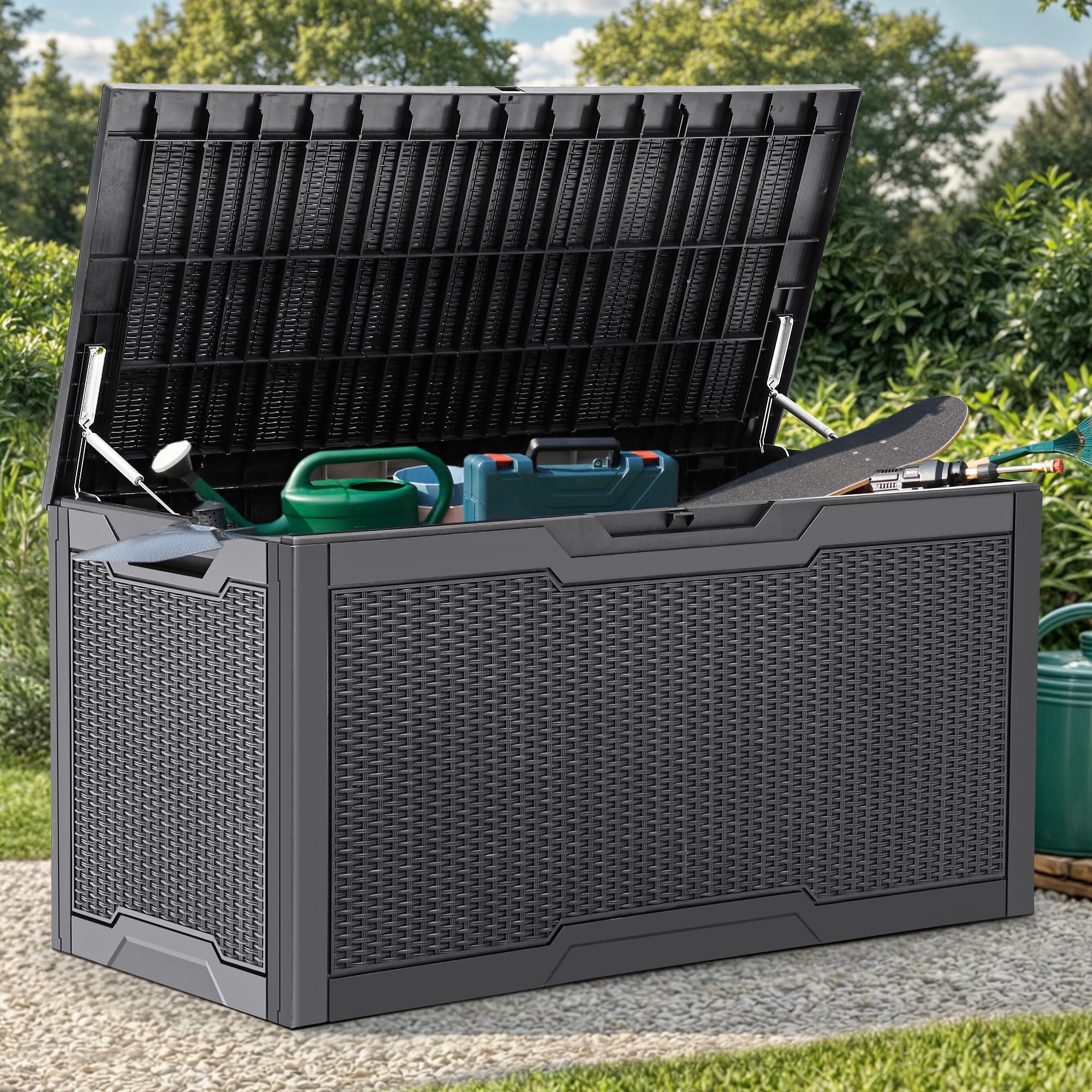 YITAHOME 70 Gallon Deck Bench with Storage, Outdoor Storage Box Bench with Armrests for Patio Garden Pool Porch, Waterproof&Lockable, Light Brown