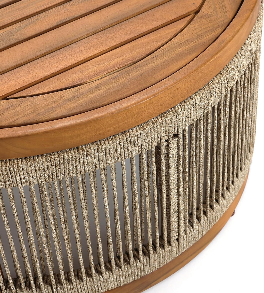 LuxenHome Outdoor Coffee Table, 31'' Acacia Wood Rope Drum Round Sides Patio Tables, Modern Farmhouse Garden Coffee Table, Outdoor Furniture for Porch, Balcony, Outside Furniture
