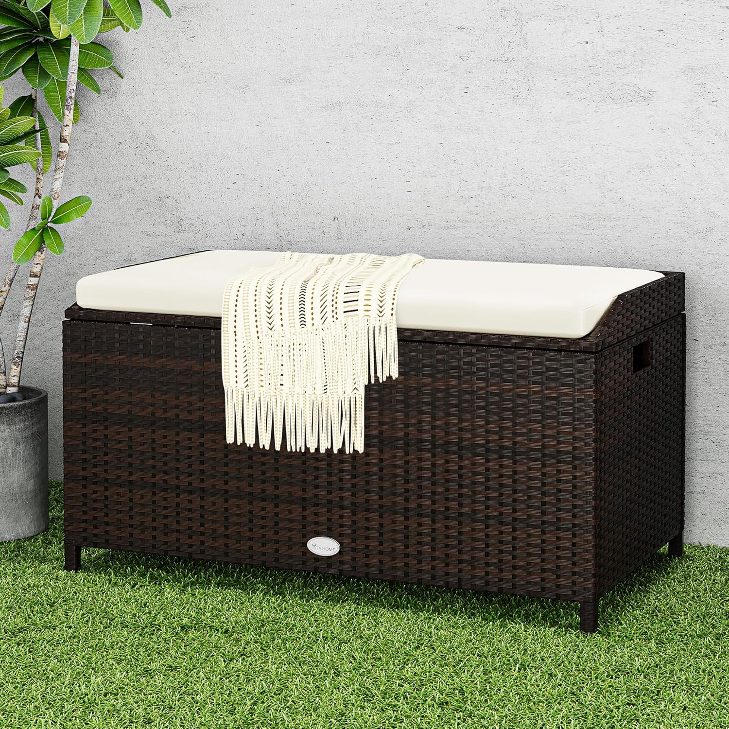 YITAHOME Outdoor Wicker Storage Bench Deck Box, Large PE Rattan Patio Storage Bench w/Covenient Handles and Soft Cushion for Patio, Yard, Lawn, Garden