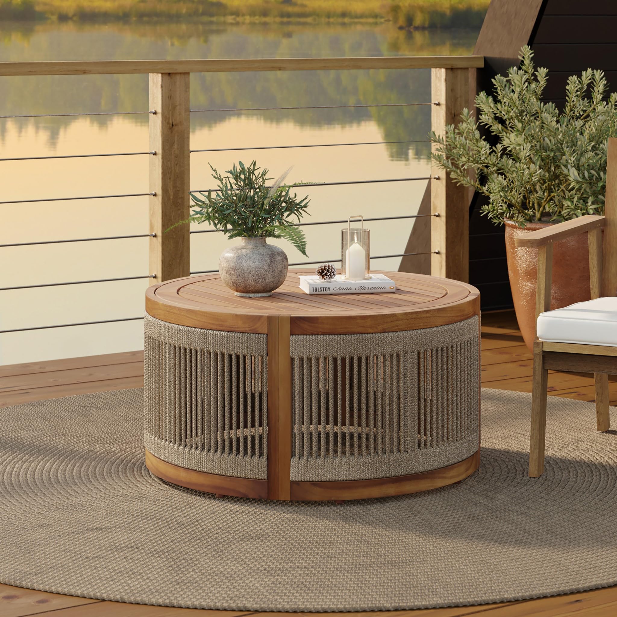 27.5" Dia Wooden Outdoor Table for Patio, Balcony & Porch