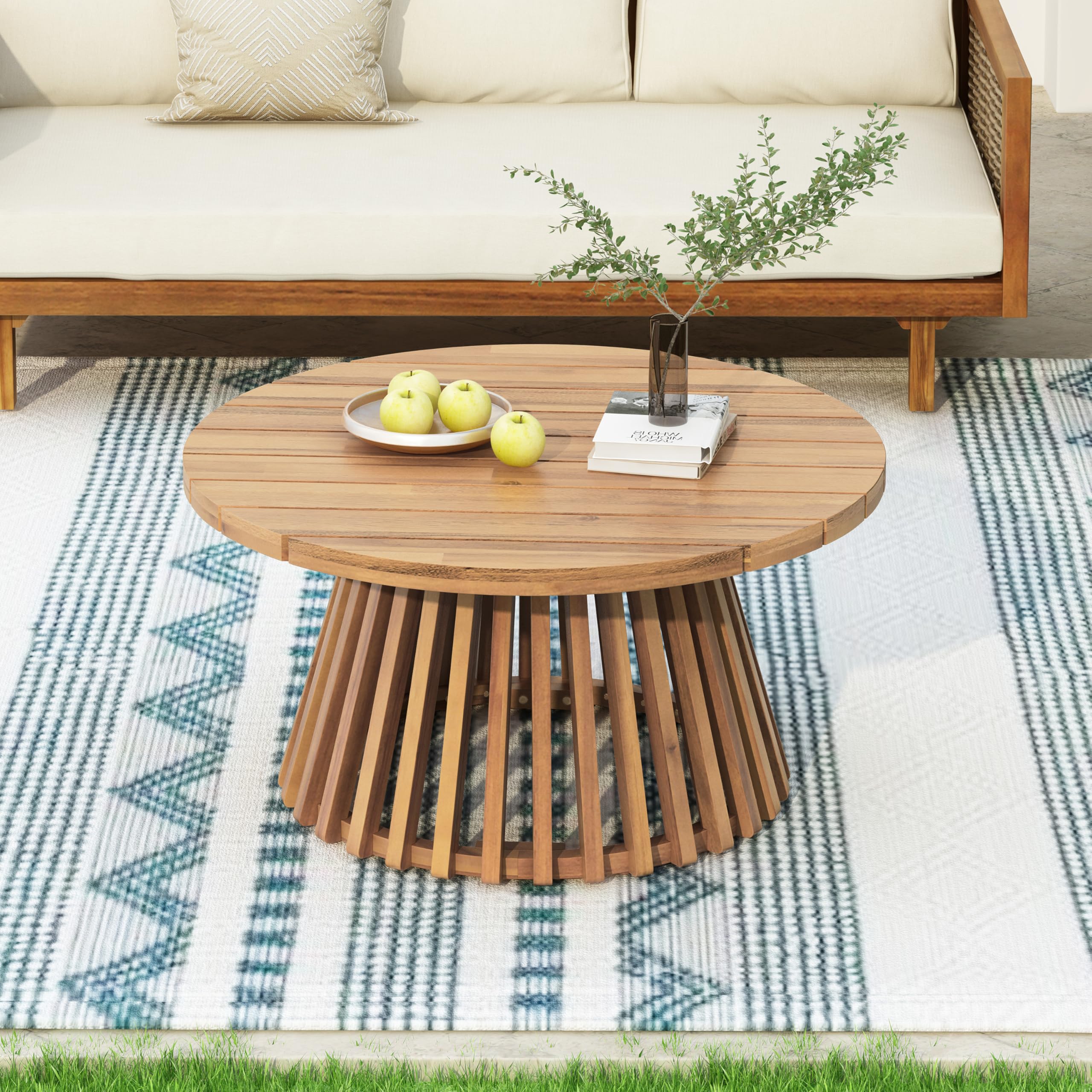 Merax Patio Outdoor Acacia Wood Round Coffee Table for Backyard, Lawn, Balcony, Teak Finish