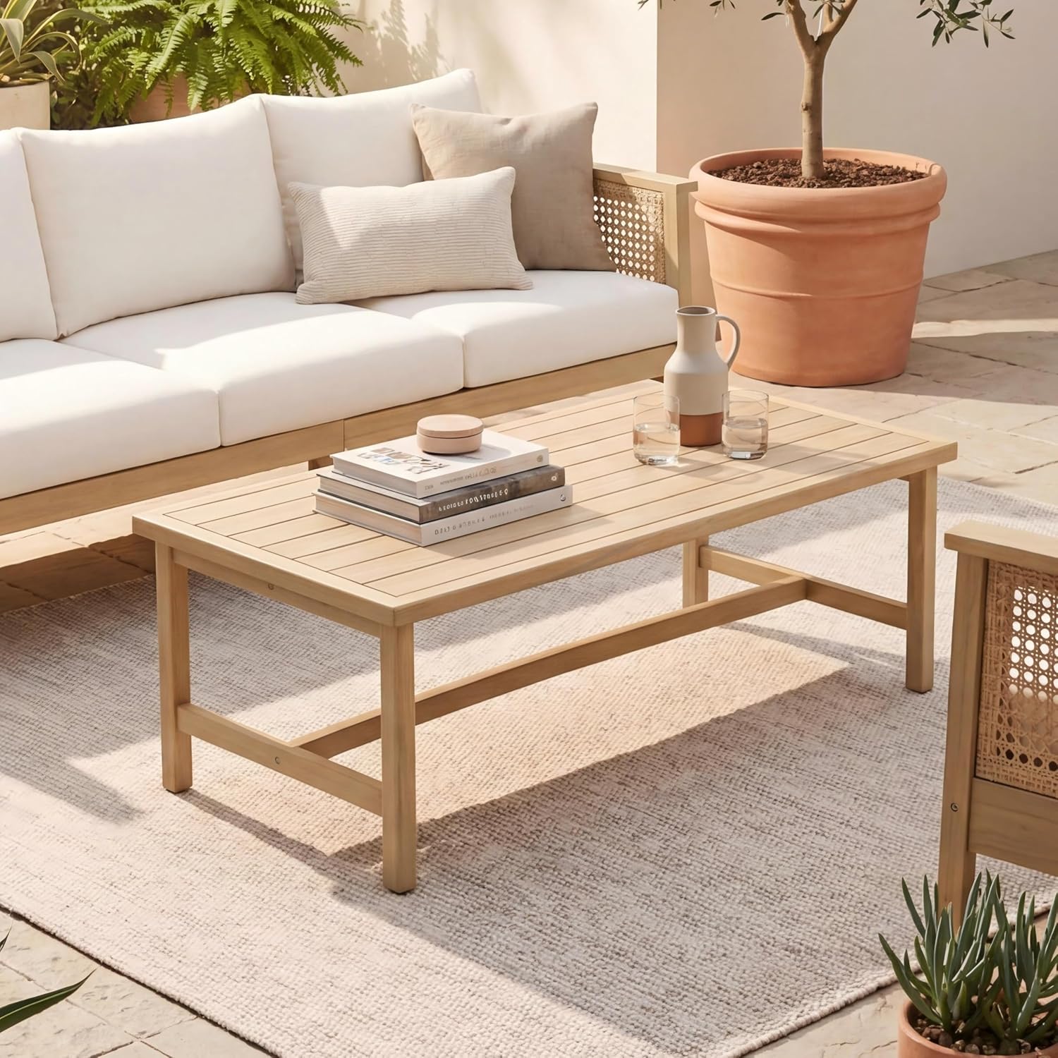 Merax Patio Acacia Wood Coffee Table Outdoor Furniture, Bear 310LBS, 47.24"x23.62"x15.75", Light Teak