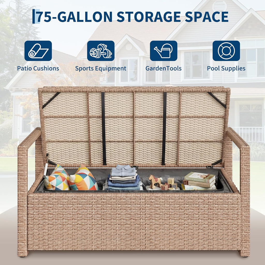 75 Gallon Outdoor Storage Bench, All-Weather PE Rattan Deck Box with Seat, Wicker Patio Furniture for Cushions, Garden Tools, Pool Accessories, Water-Resistant (Yellow Wicker & Beige Cushions)