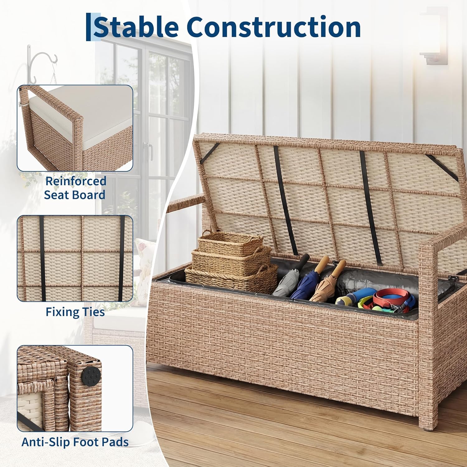 75 Gallon Outdoor Storage Bench, All-Weather PE Rattan Deck Box with Seat, Wicker Patio Furniture for Cushions, Garden Tools, Pool Accessories, Water-Resistant (Yellow Wicker & Beige Cushions)