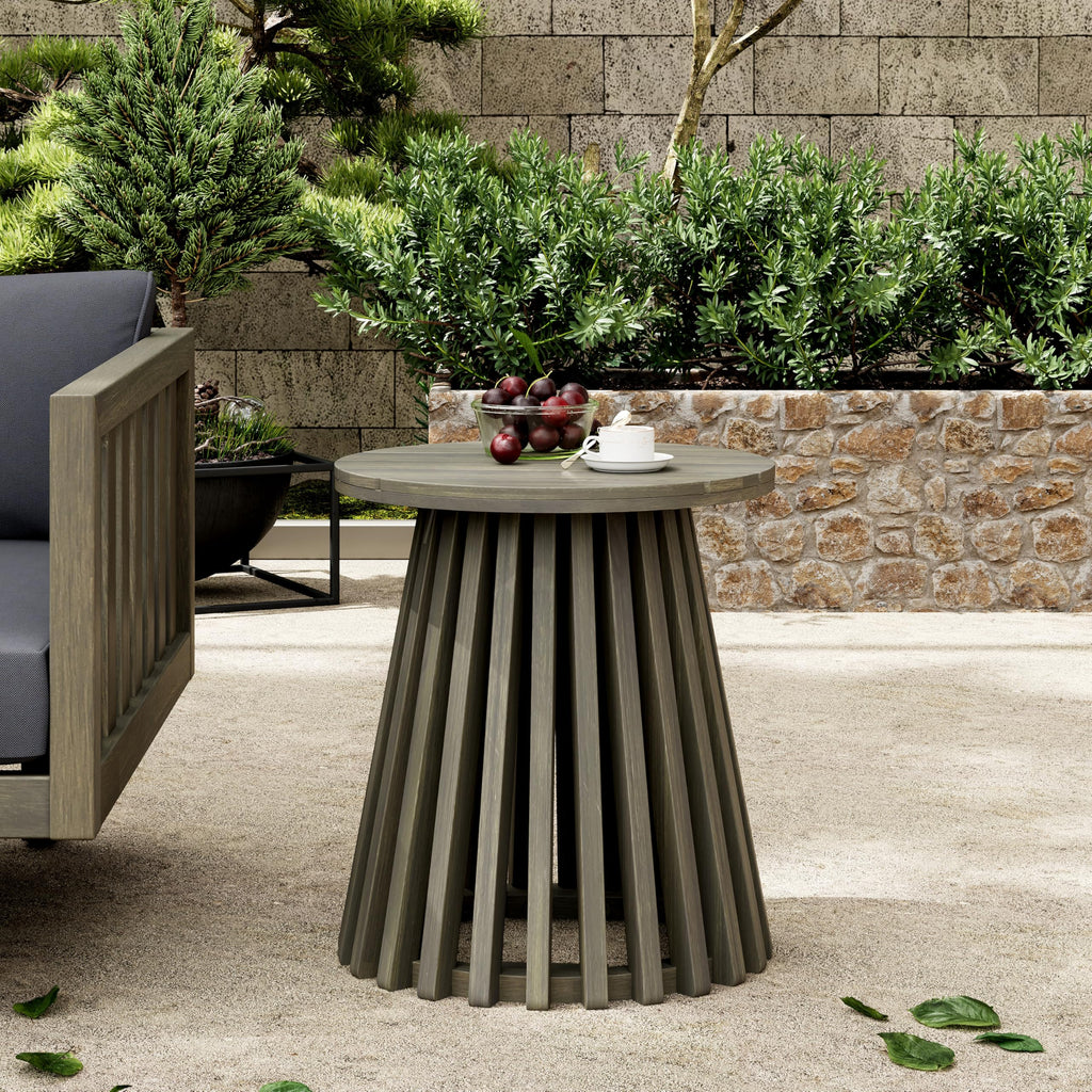 Christopher Knight Home Taki Acacia Wood Patio Coffee Table, Round Table with Unique Wooden Base for Backyard, Stylish Indoor/Outdoor Table, Easy Assembly, Space Saving Outdoor Furniture, Light Teak