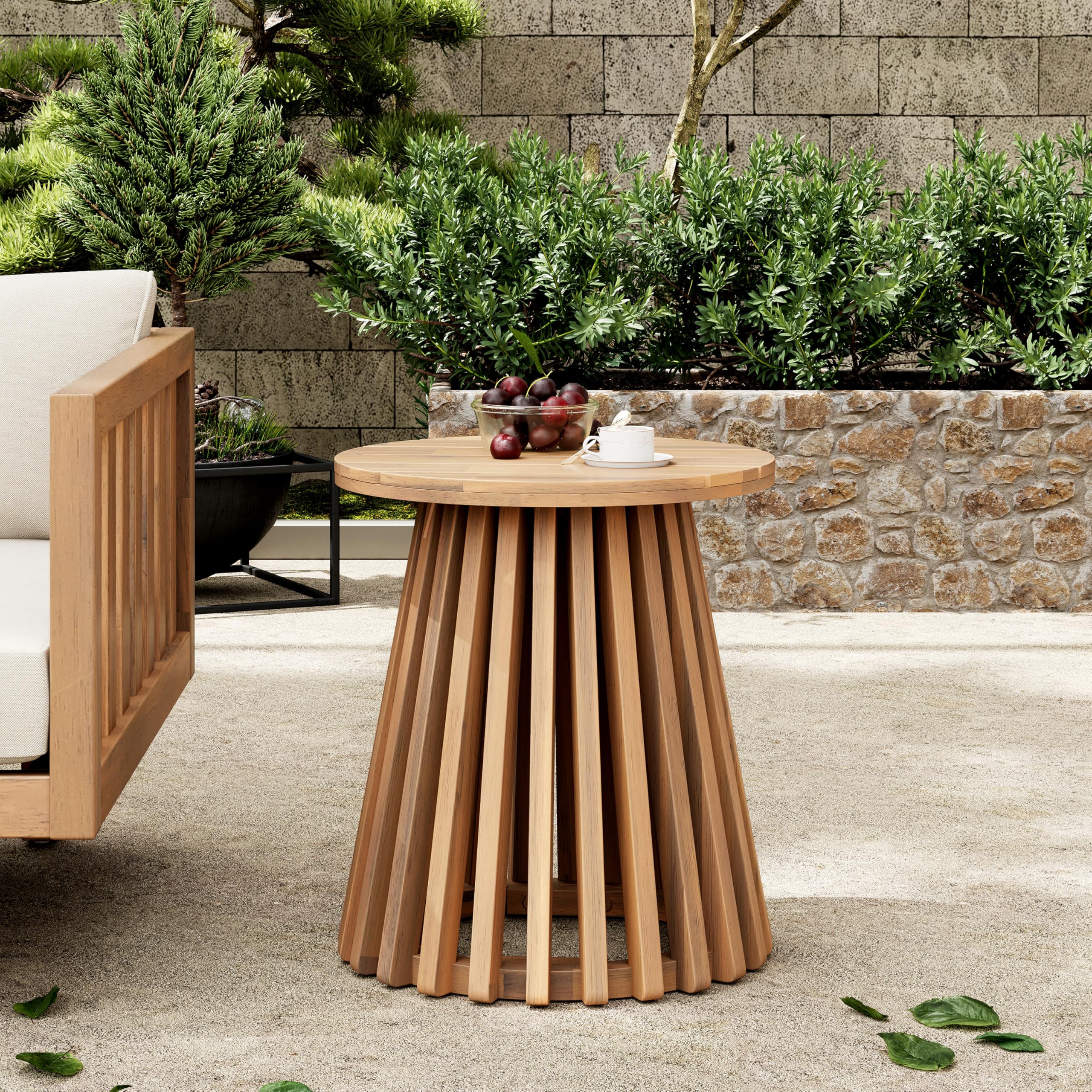 Christopher Knight Home Taki Acacia Wood Patio Coffee Table, Round Table with Unique Wooden Base for Backyard, Stylish Indoor/Outdoor Table, Easy Assembly, Space Saving Outdoor Furniture, Light Teak
