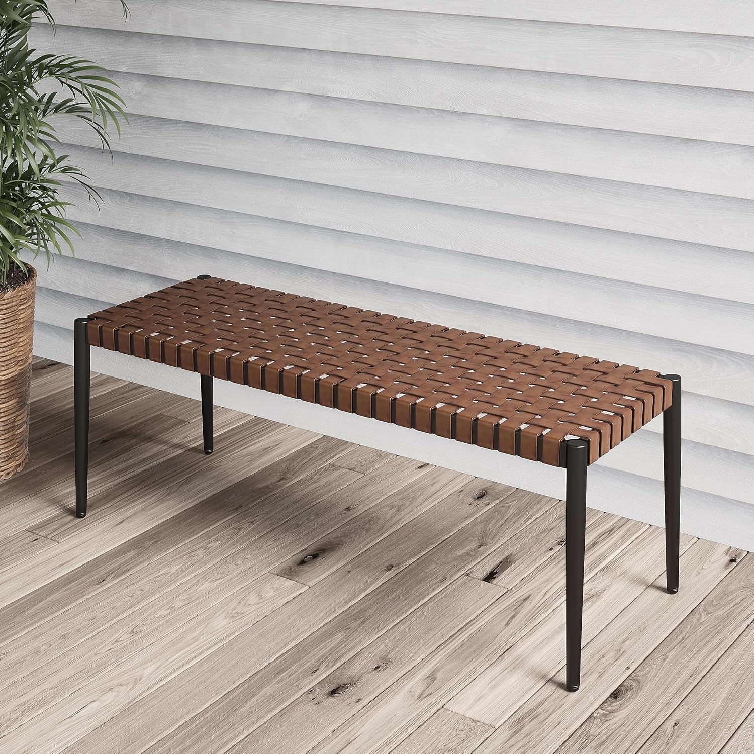 Grand patio 43.3" Outdoor Bench All Weather 2-Seat Backless Leather Wicker Bench, Garden Bench with 350-lb Weight Capacity, Patio Bench for Porch, Garden and Backyard (Natural Brown)