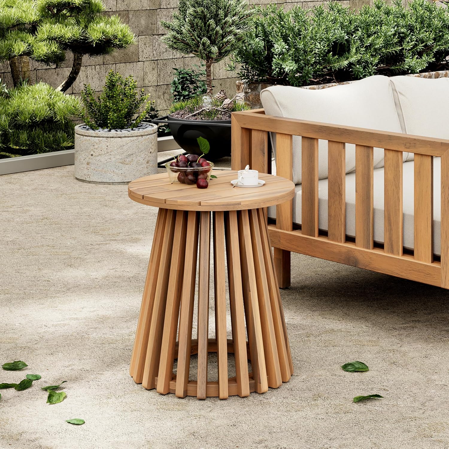 Christopher Knight Home Taki Acacia Wood Patio Coffee Table, Round Table with Unique Wooden Base for Backyard, Stylish Indoor/Outdoor Table, Easy Assembly, Space Saving Outdoor Furniture, Light Teak